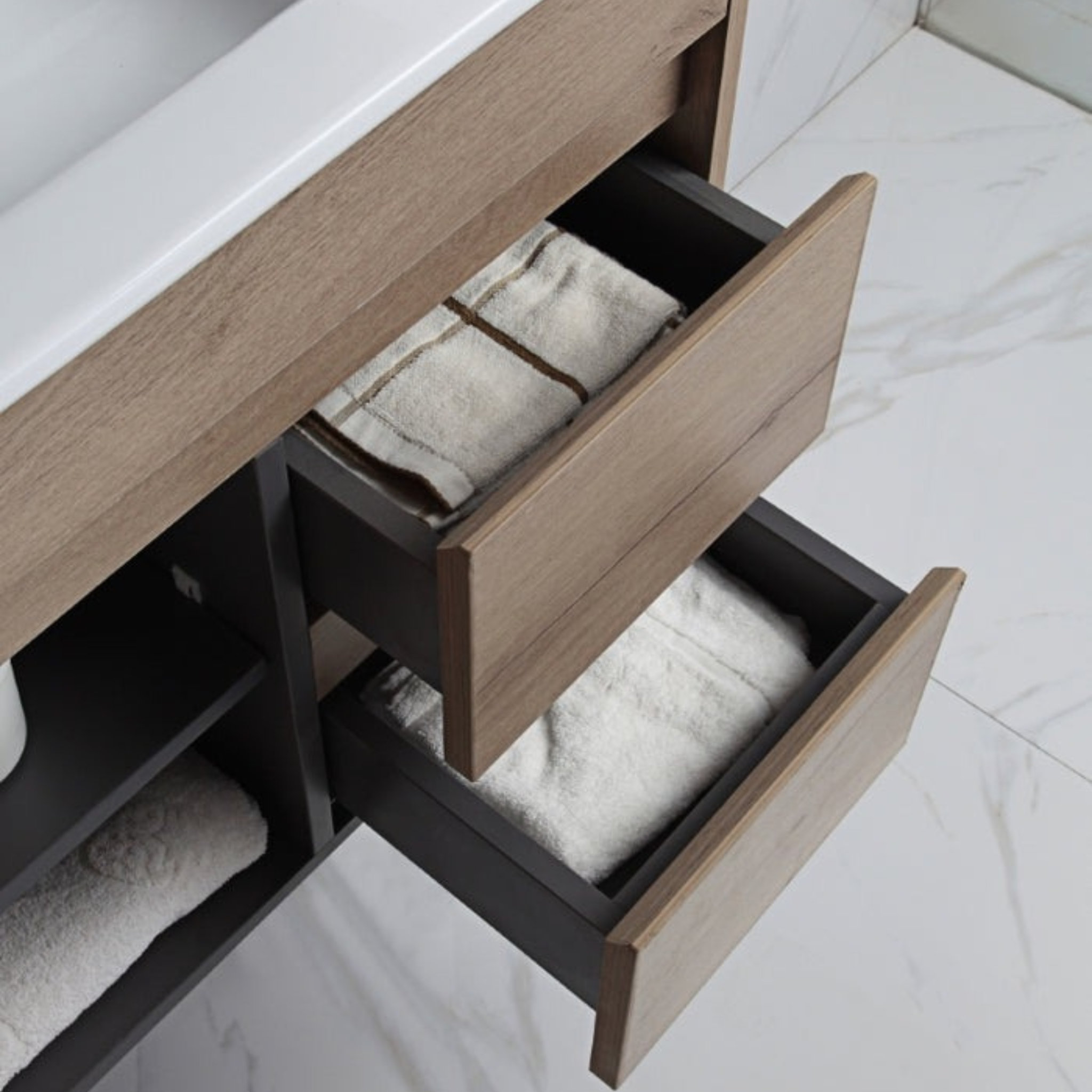 AULIC YORK WHITE OAK 750MM SPACE SAVING SINGLE BOWL WALL HUNG VANITY