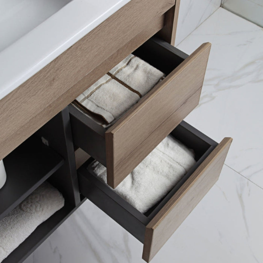 AULIC YORK WHITE OAK 900MM SPACE SAVING SINGLE BOWL WALL HUNG VANITY