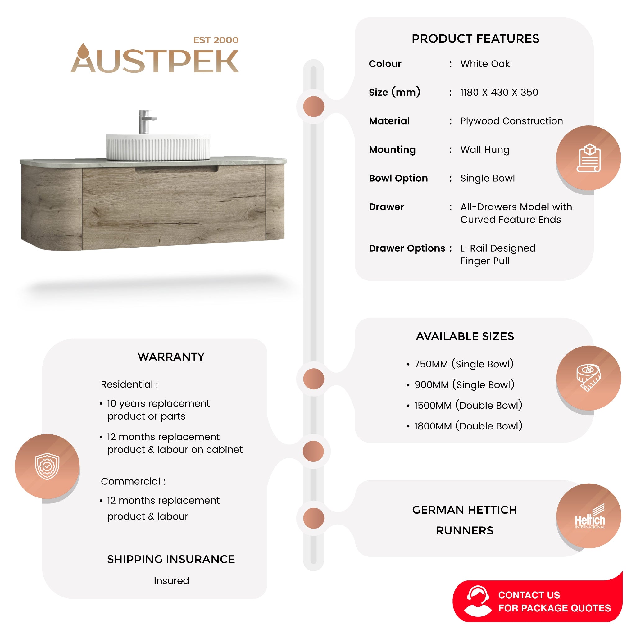 AULIC HAMILTON WHITE OAK 1200MM SINGLE BOWL WALL HUNG VANITY