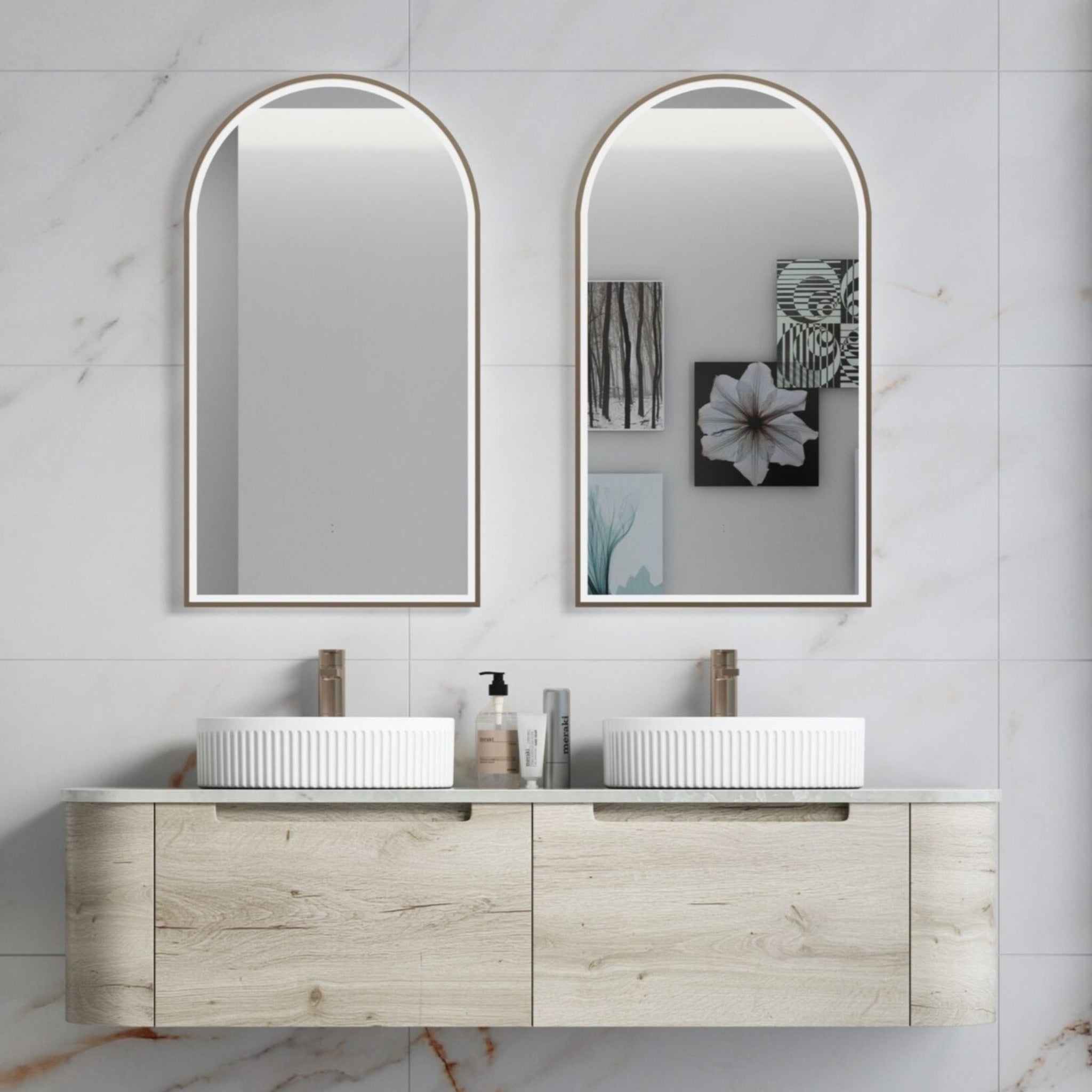 AULIC HAMILTON WHITE OAK 1500MM DOUBLE BOWL WALL HUNG VANITY W/ GERMAN HETTICH RUNNERS