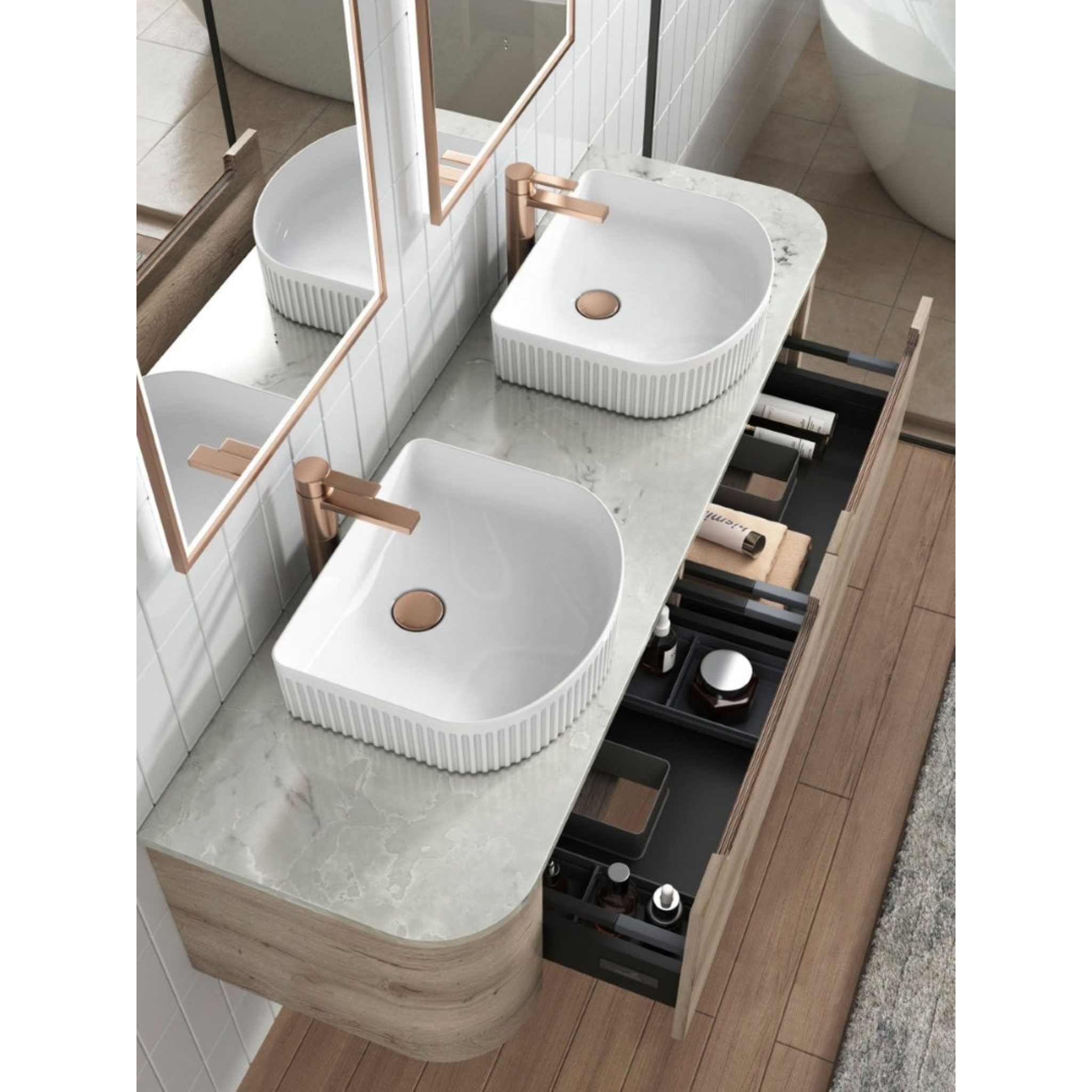 AULIC HAMILTON WHITE OAK 1500MM DOUBLE BOWL WALL HUNG VANITY W/ GERMAN HETTICH RUNNERS