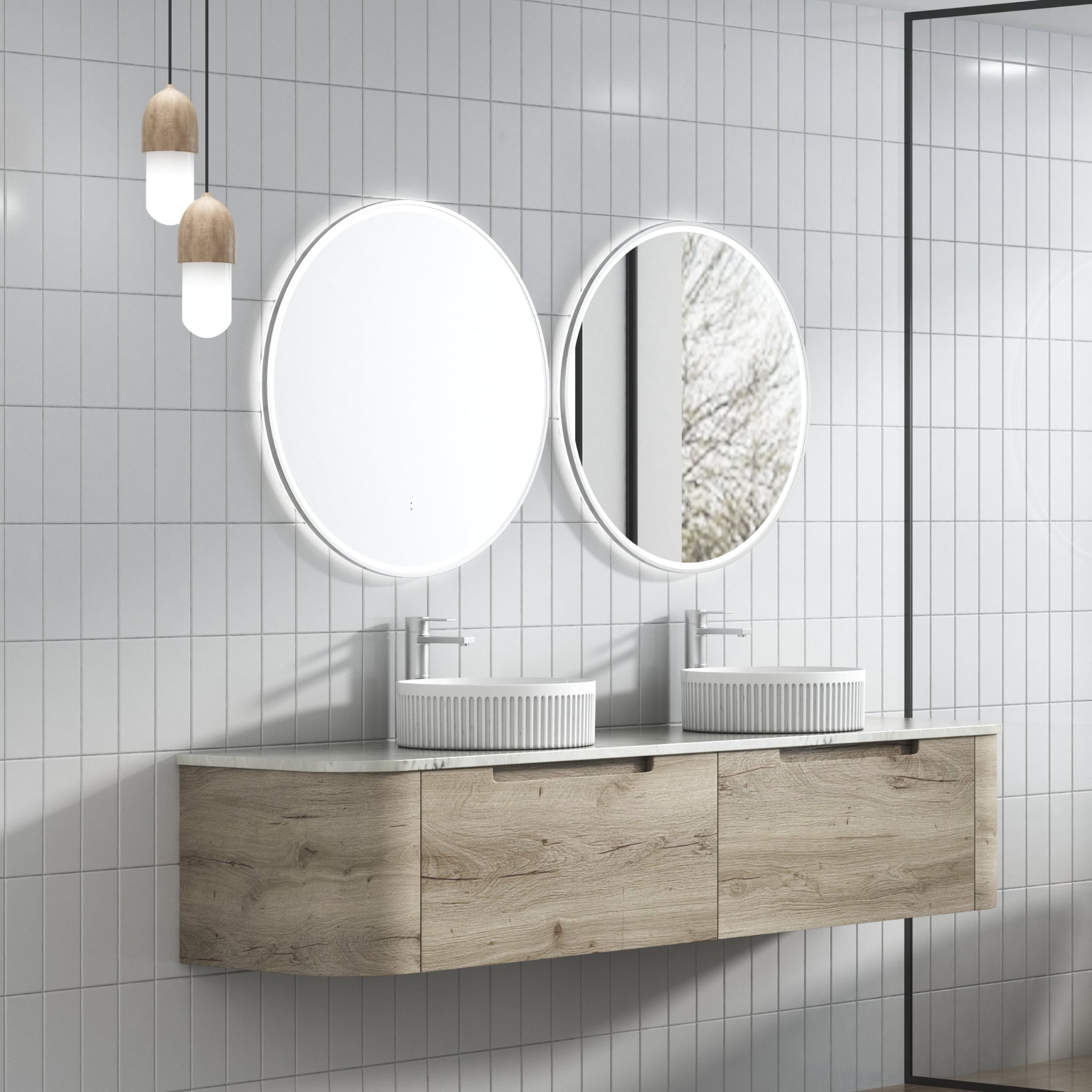 AULIC HAMILTON WHITE OAK 1800MM DOUBLE BOWL WALL HUNG VANITY W/ GERMAN HETTICH RUNNERS