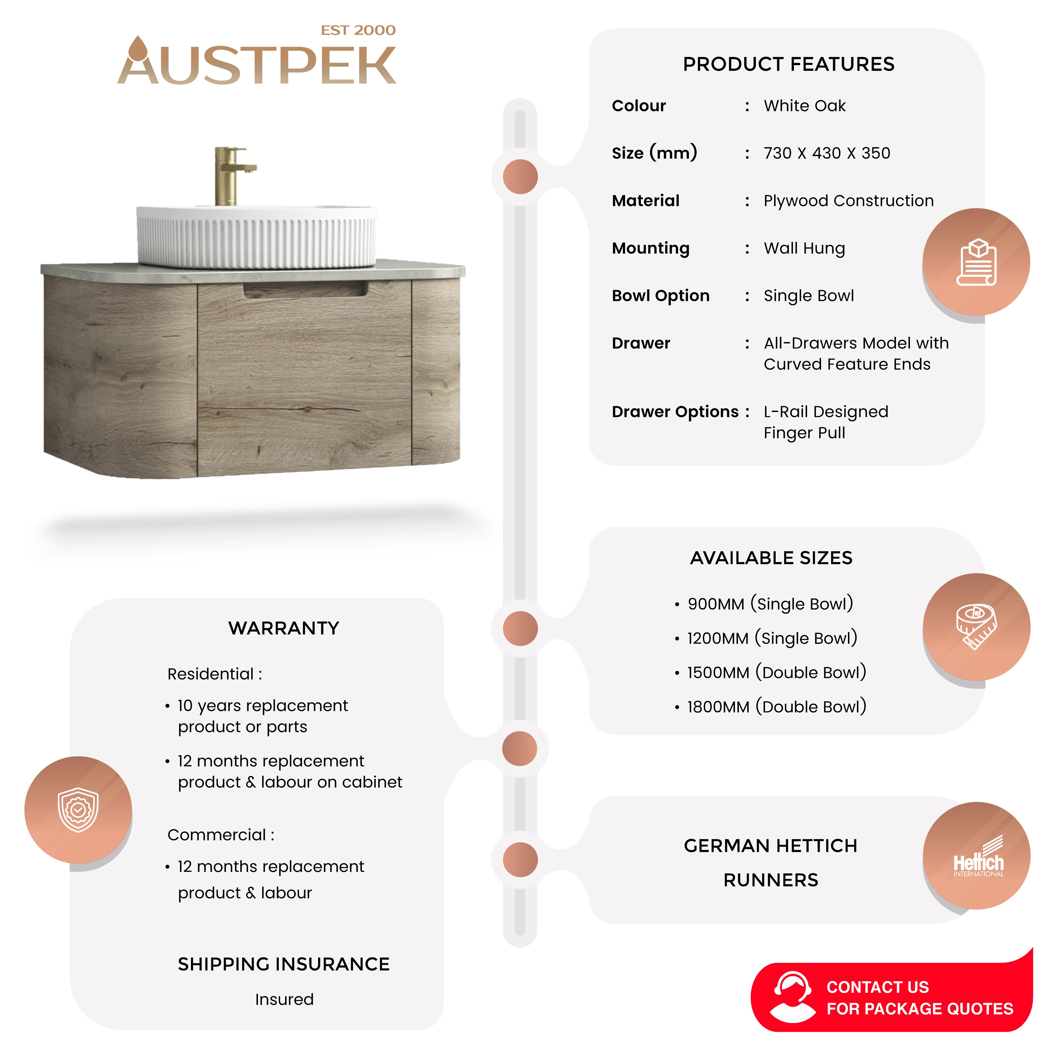 AULIC HAMILTON WHITE OAK 750MM SINGLE BOWL WALL HUNG VANITY