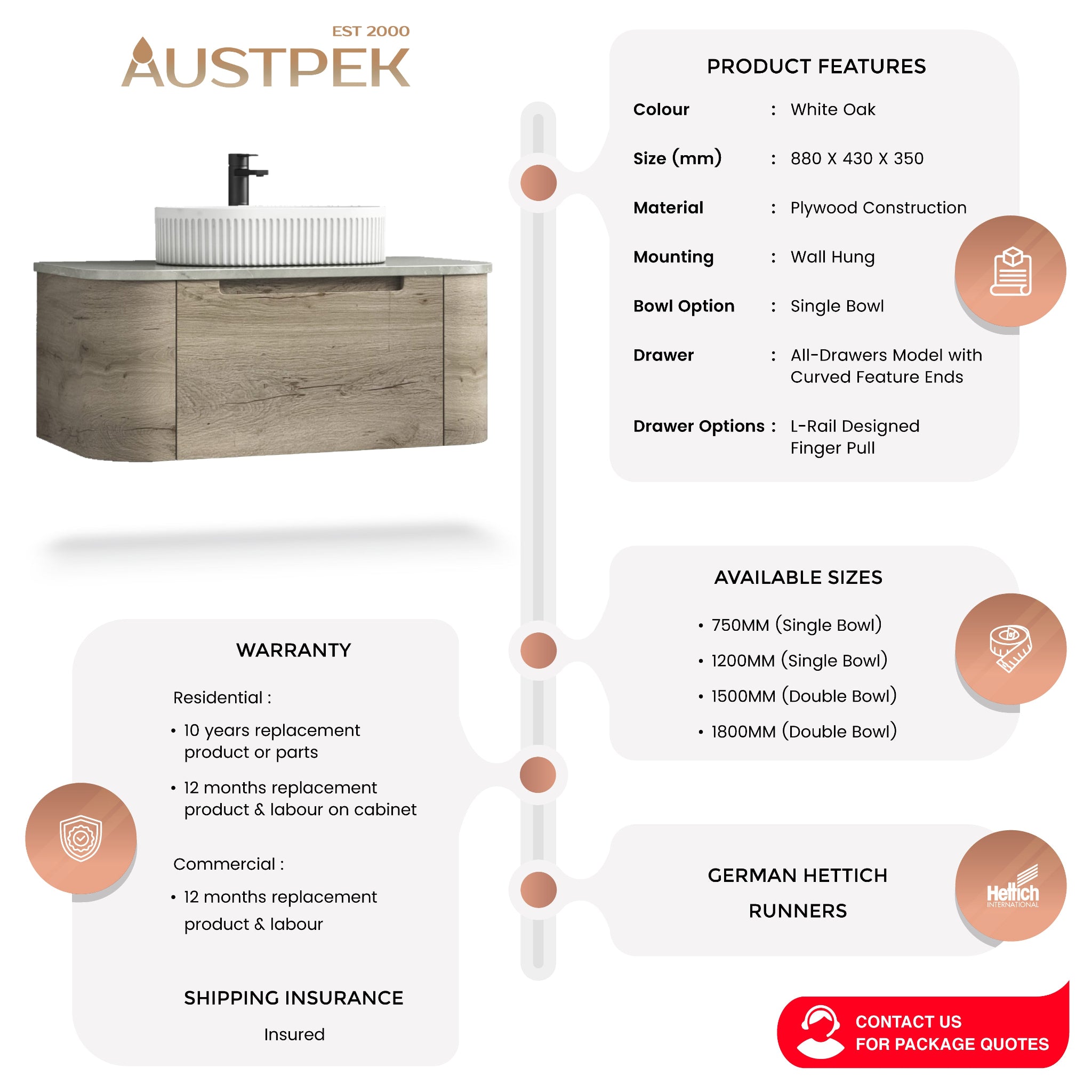 AULIC HAMILTON WHITE OAK 900MM WALL HUNG VANITY