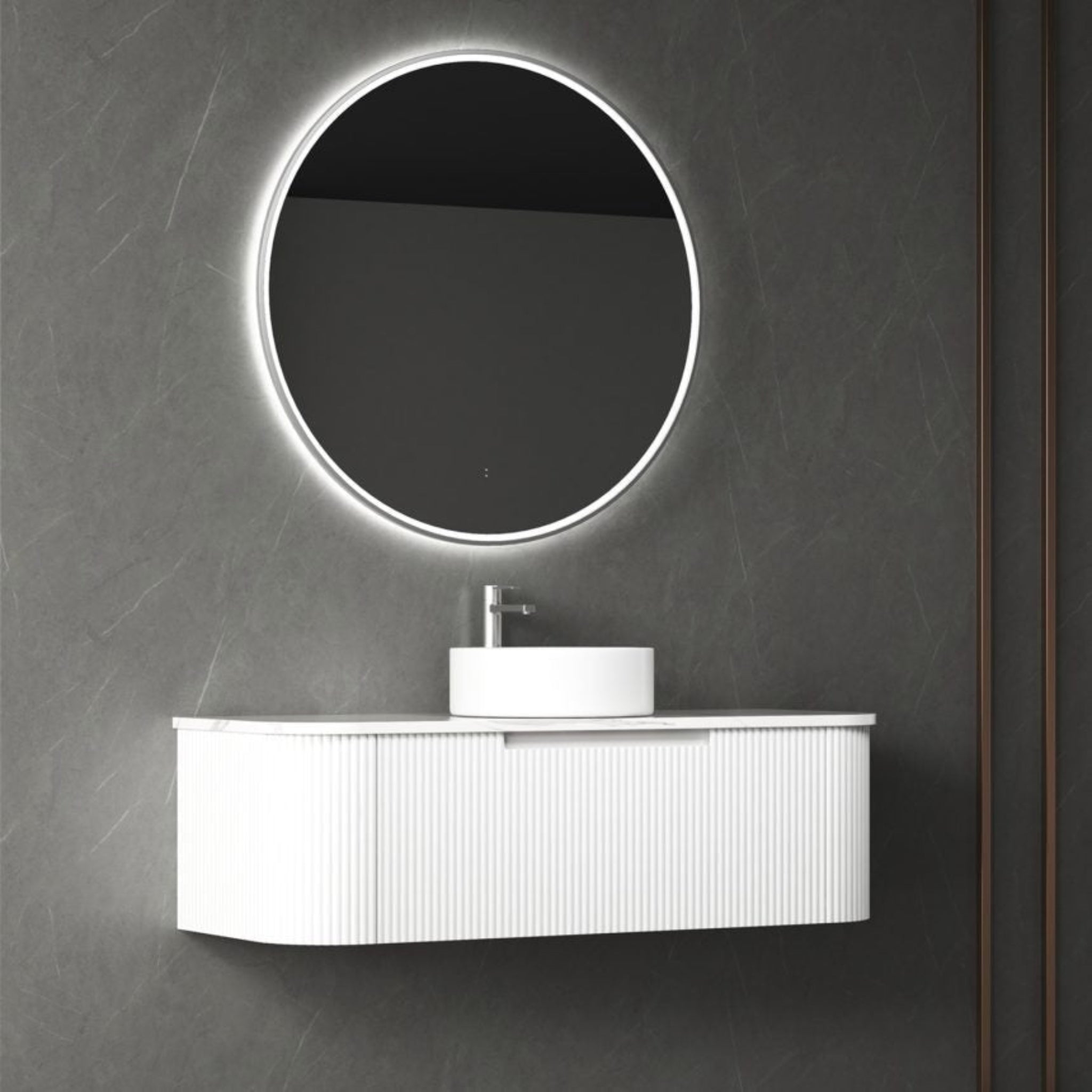 AULIC PETRA MARK II CURVED MATTE WHITE 1200MM SINGLE BOWL WALL HUNG VANITY W/ GERMAN HETTICH RUNNERS