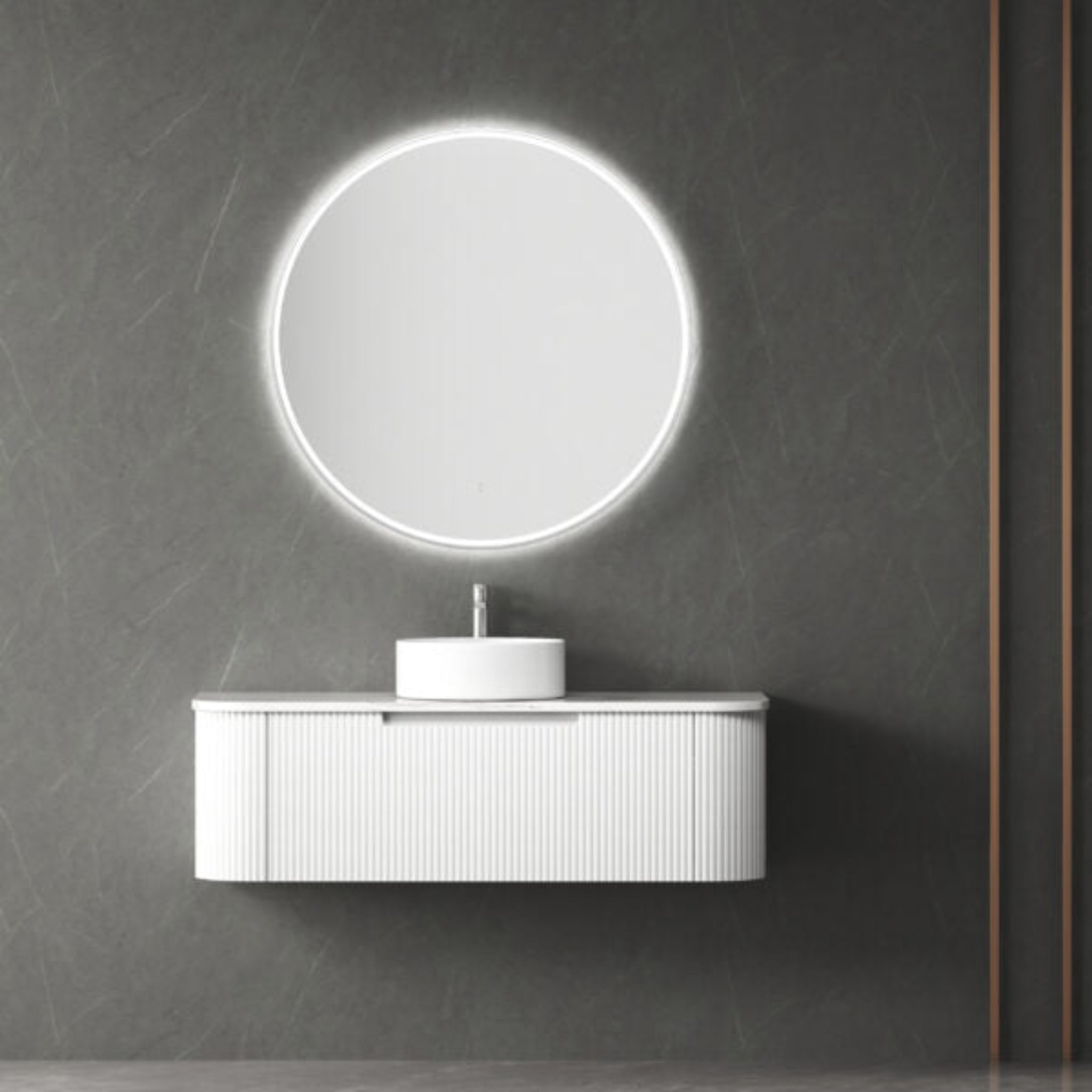AULIC PETRA MARK II CURVED MATTE WHITE 1200MM SINGLE BOWL WALL HUNG VANITY W/ GERMAN HETTICH RUNNERS