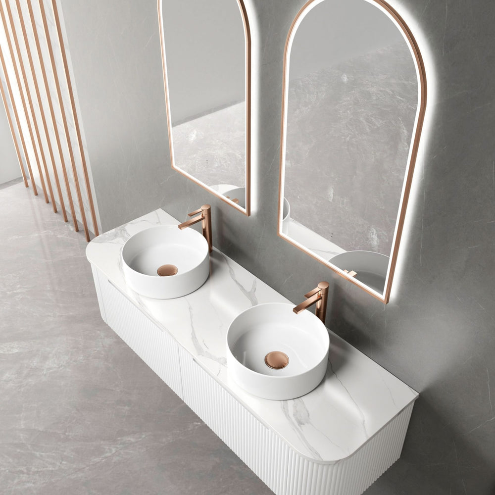 AULIC PETRA MARK II CURVED MATTE WHITE 1500MM DOUBLE BOWL WALL HUNG VANITY