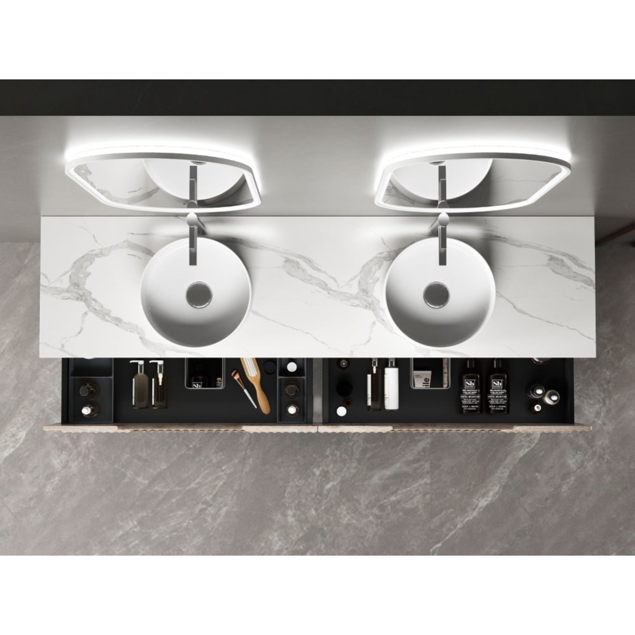 AULIC TUSCANA WOOD GRAIN 1800MM DOUBLE BOWL WALL HUNG VANITY W/ GERMAN HETTICH RUNNERS