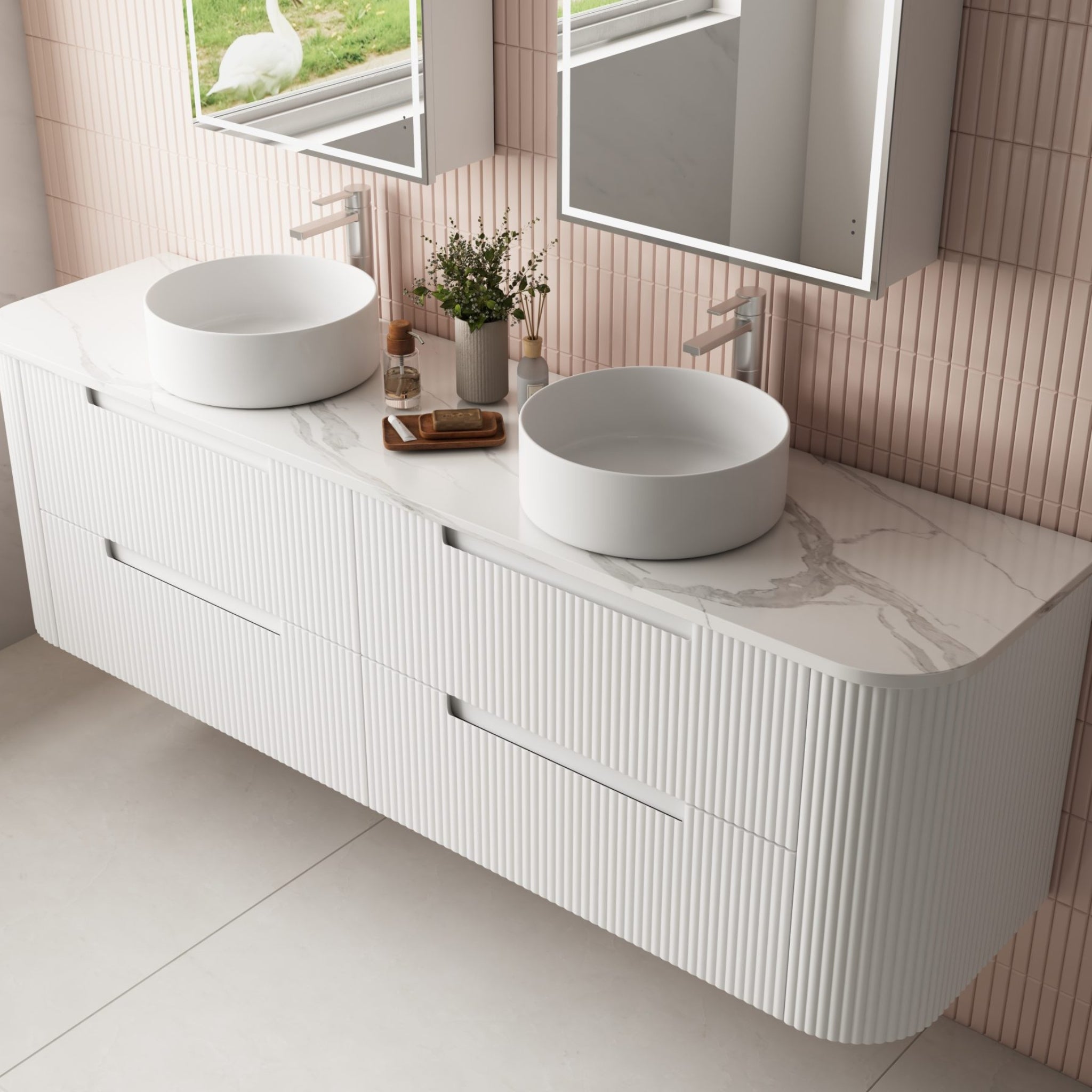 AULIC CURVA MATTE WHITE 1800MM CURVE DOUBLE BOWL WALL HUNG VANITY