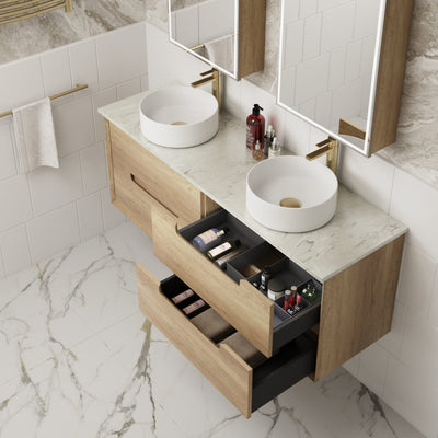 AULIC MORENO NATURAL TIMBER 1500MM DOUBLE BOWL WALL HUNG VANITY