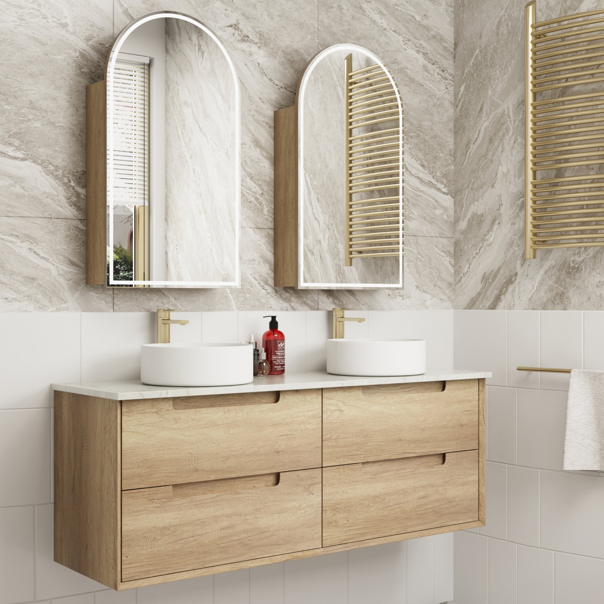 AULIC MORENO NATURAL TIMBER 1500MM DOUBLE BOWL WALL HUNG VANITY
