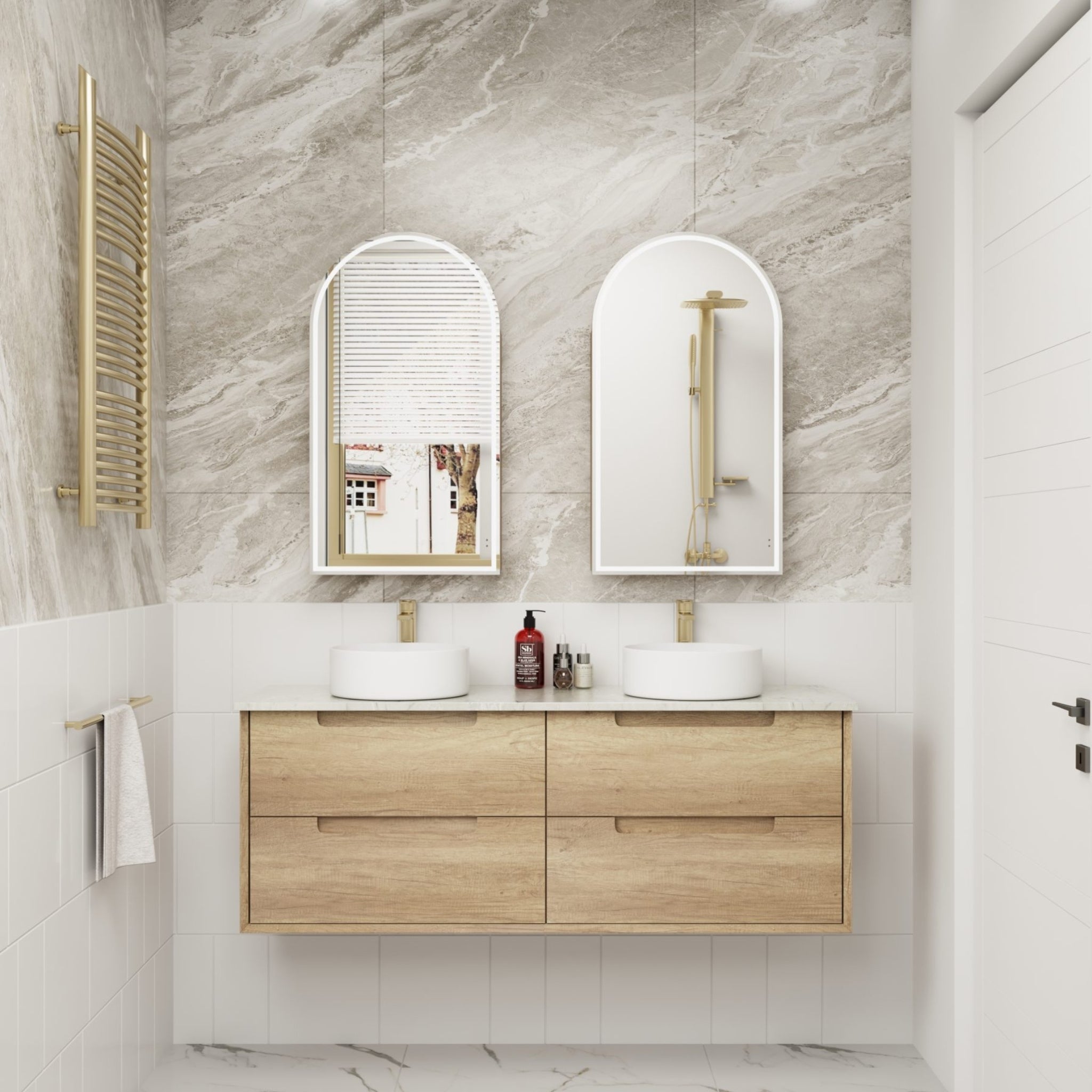 AULIC MORENO NATURAL TIMBER 1500MM DOUBLE BOWL WALL HUNG VANITY
