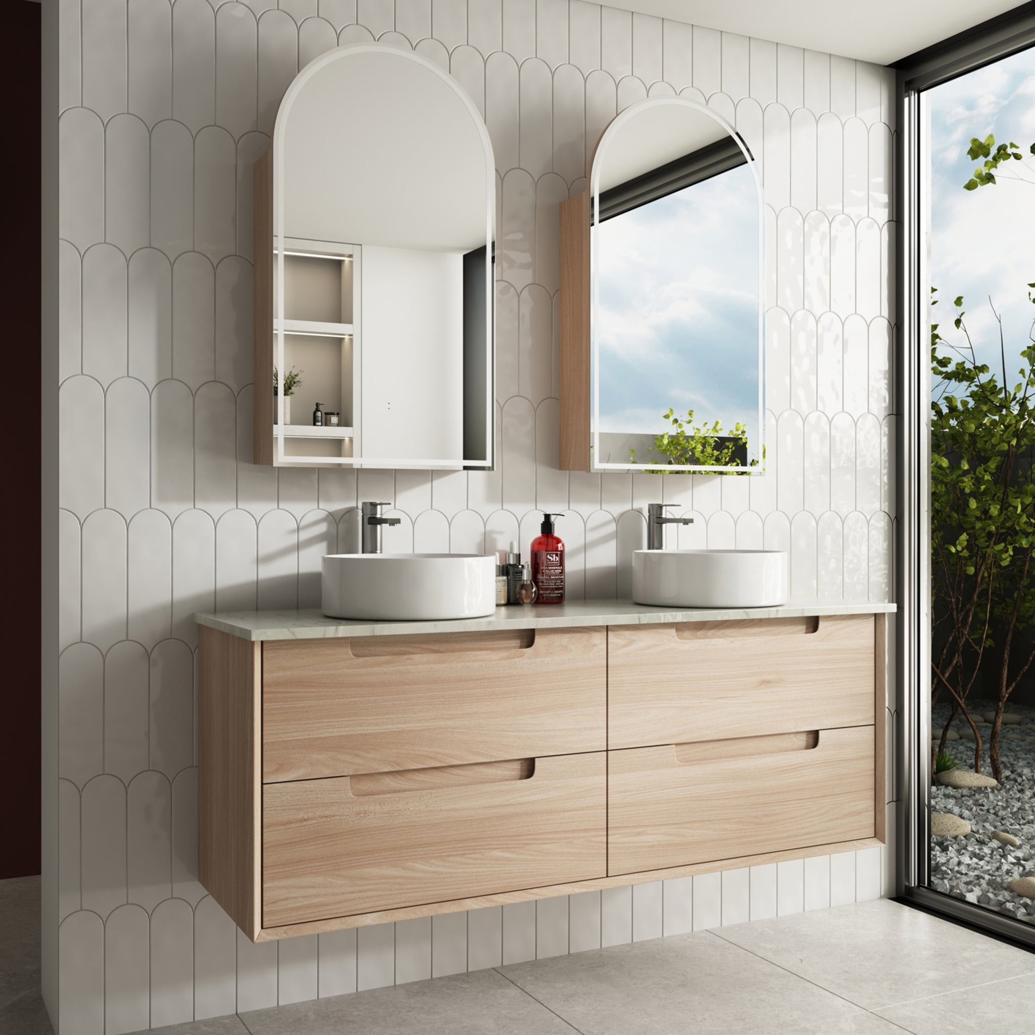 AULIC AINSLEY NATURAL TIMBER 1500MM DOUBLE BOWL WALL HUNG VANITY