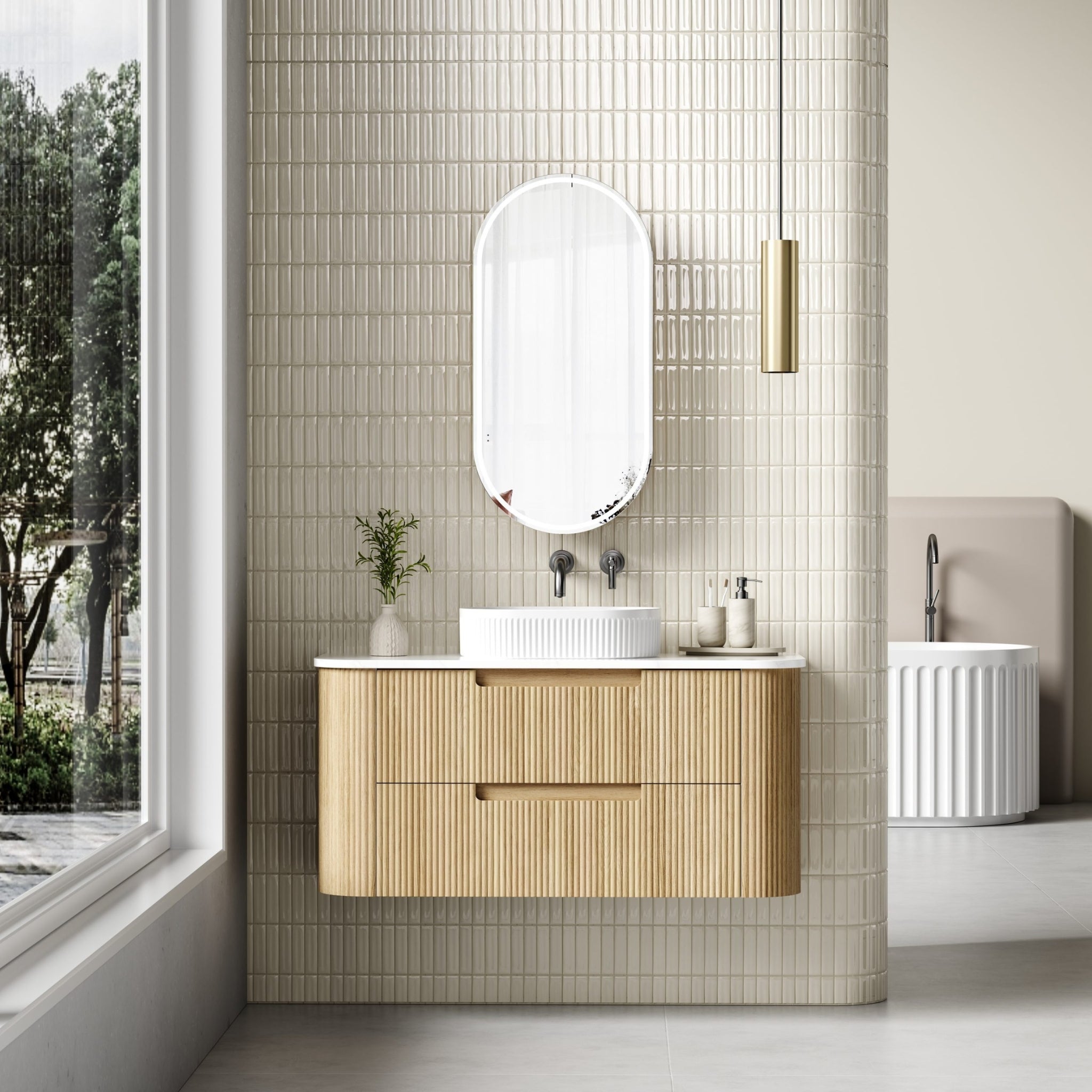 AULIC VARCELLI TIER CURVED HARVEST OAK 1200MM SINGLE BOWL WALL HUNG VANITY