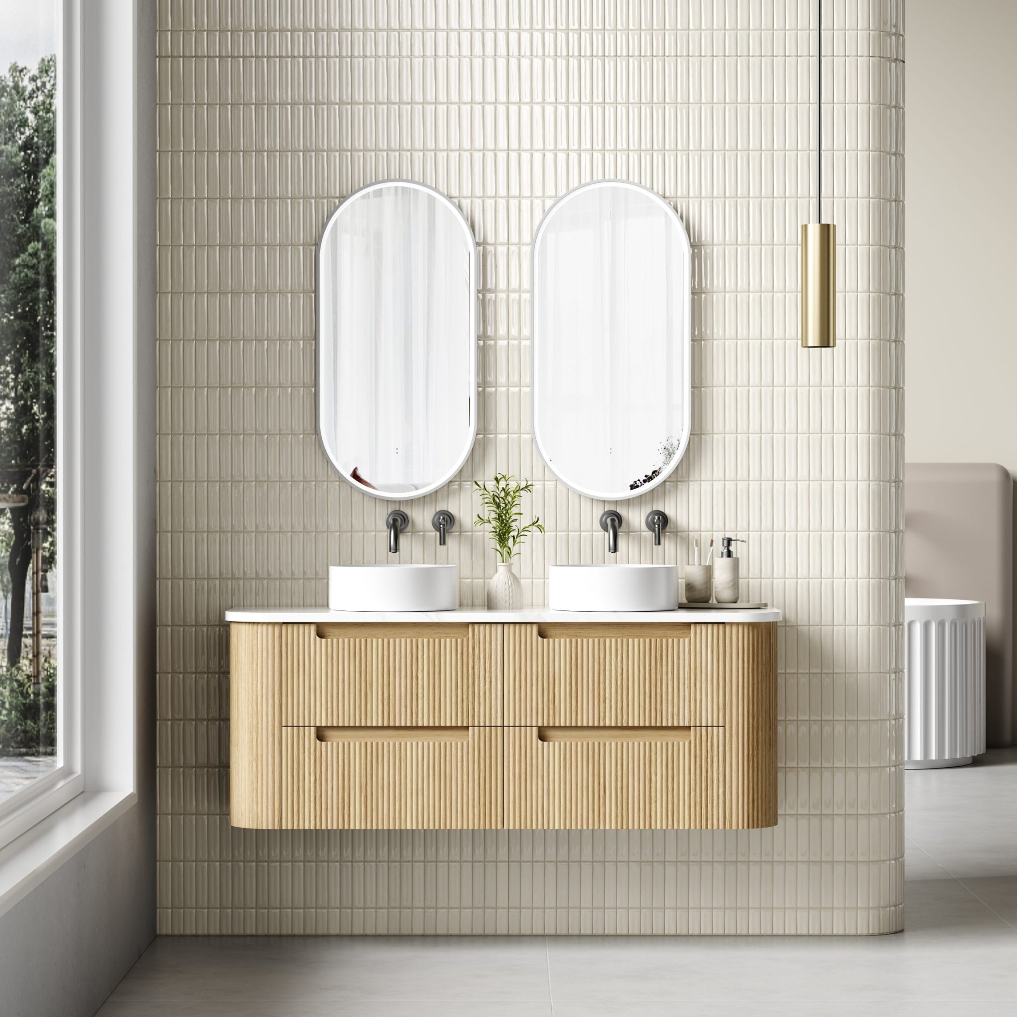 AULIC VARCELLI TIER CURVED HARVEST OAK 1500MM DOUBLE BOWL WALL HUNG VANITY