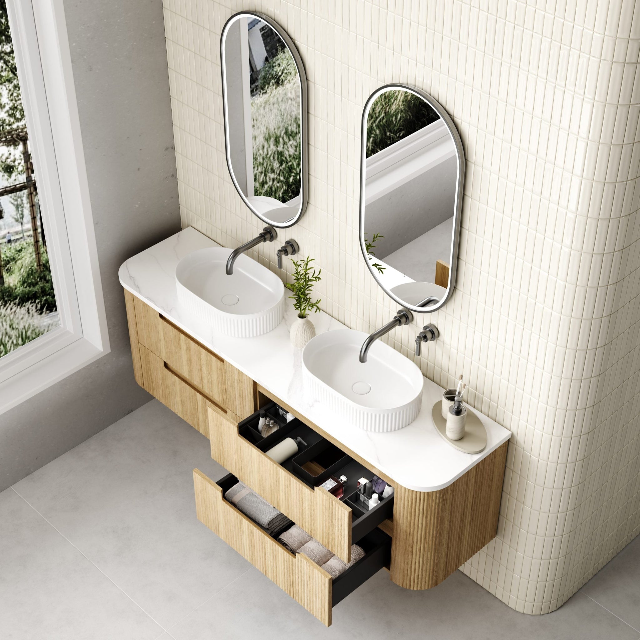 AULIC VARCELLI TIER CURVED HARVEST OAK 1800MM DOUBLE BOWL WALL HUNG VANITY