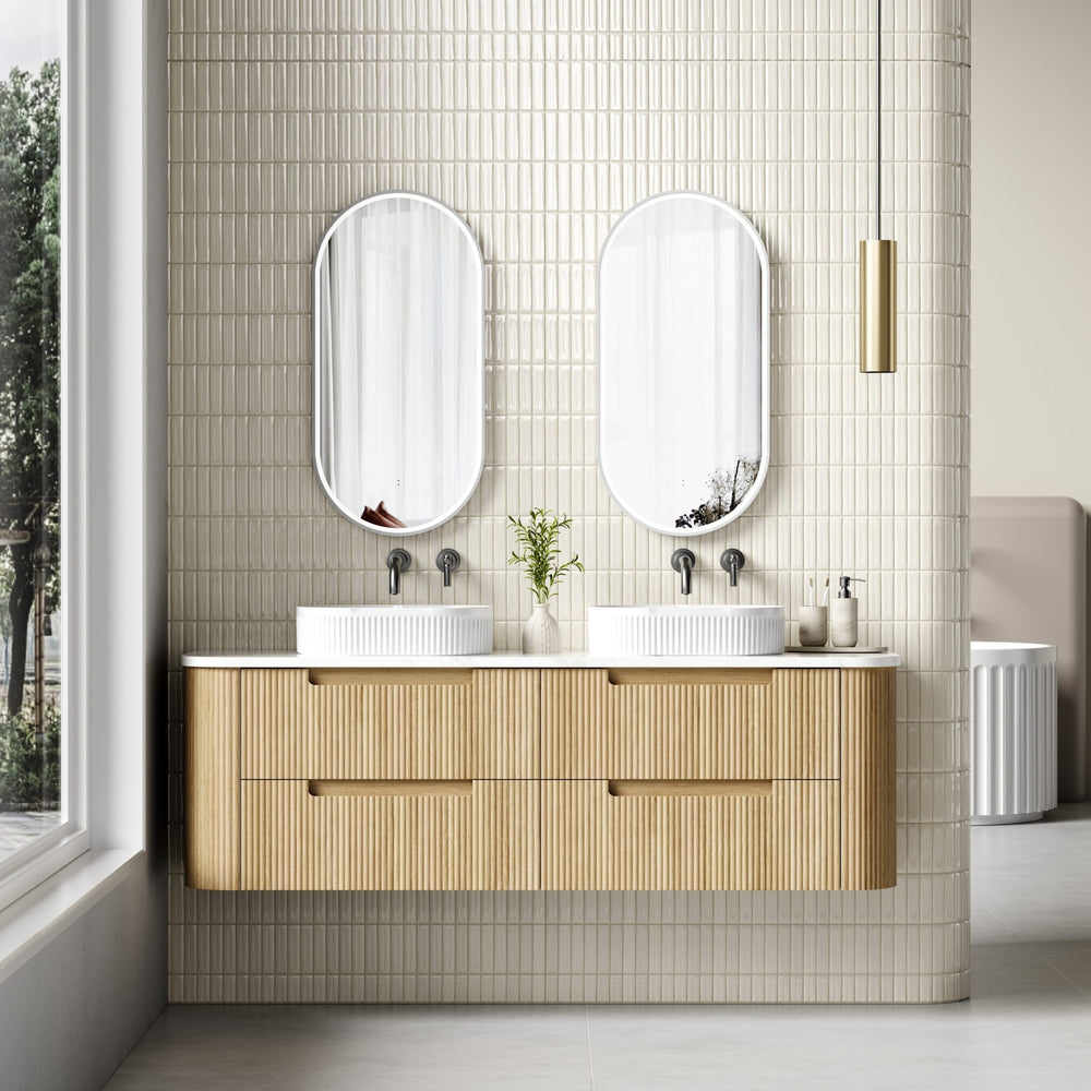 AULIC VARCELLI TIER CURVED HARVEST OAK 1800MM DOUBLE BOWL WALL HUNG VANITY