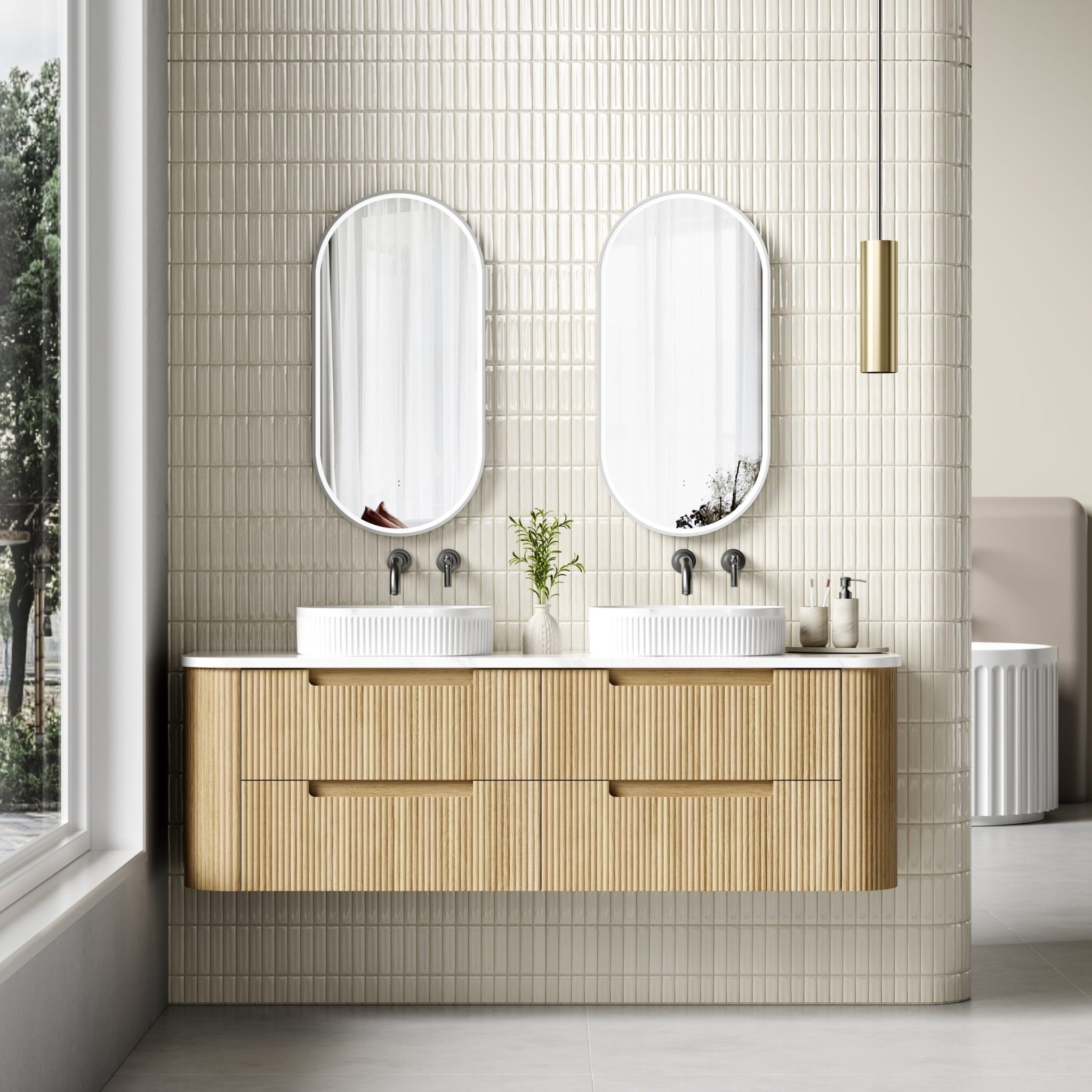 AULIC VARCELLI TIER CURVED HARVEST OAK 1800MM DOUBLE BOWL WALL HUNG VANITY