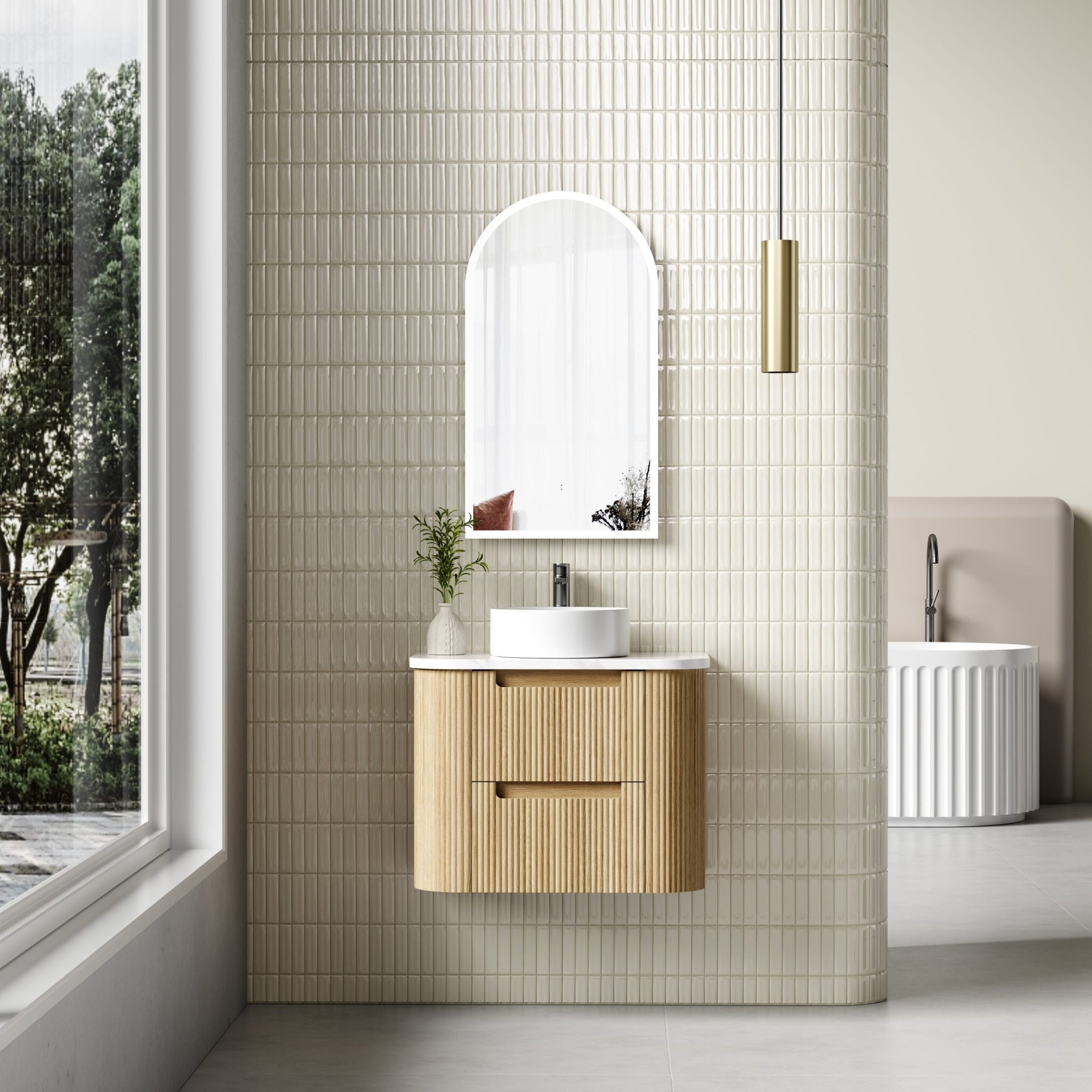AULIC VARCELLI TIER CURVED HARVEST OAK 750MM SINGLE BOWL WALL HUNG VANITY
