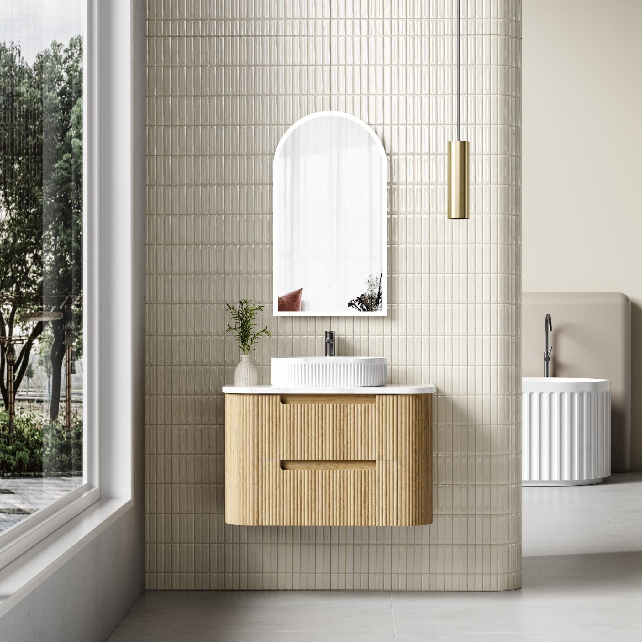 AULIC VARCELLI TIER CURVED HARVEST OAK 900MM SINGLE BOWL WALL HUNG VANITY