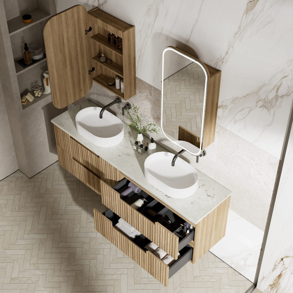 AULIC LOVINA TIER HARVEST OAK 1500MM DOUBLE BOWL WALL HUNG VANITY