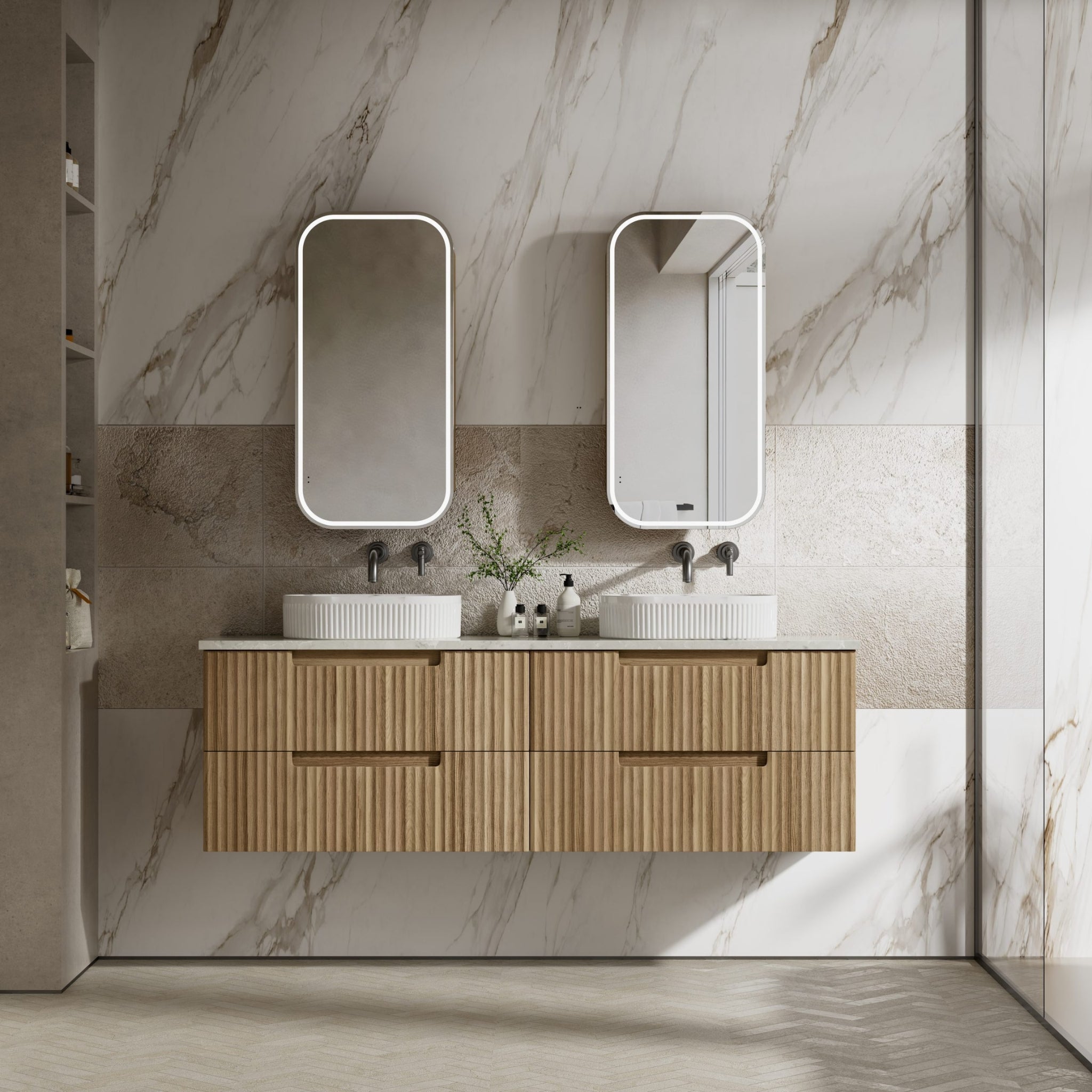 AULIC LOVINA TIER HARVEST OAK 1800MM DOUBLE BOWL WALL HUNG VANITY