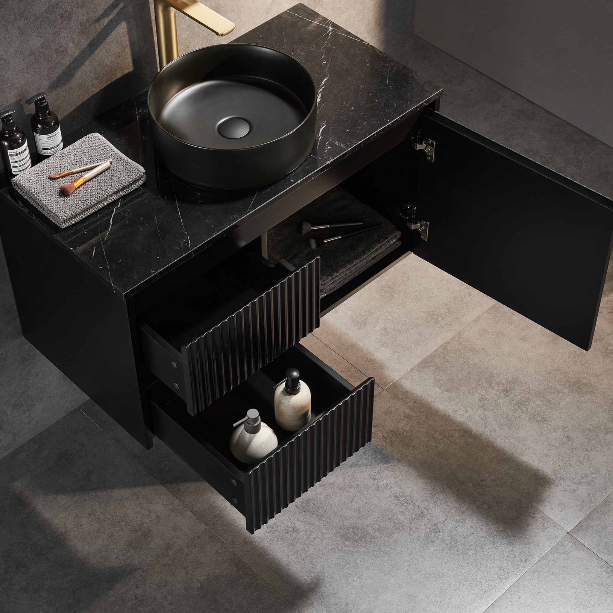 CETO BRINDABELLA MATTE BLACK 900MM SINGLE BOWL WALL HUNG VANITY (AVAILABLE IN LEFT HAND DRAWER AND RIGHT HAND DRAWER)