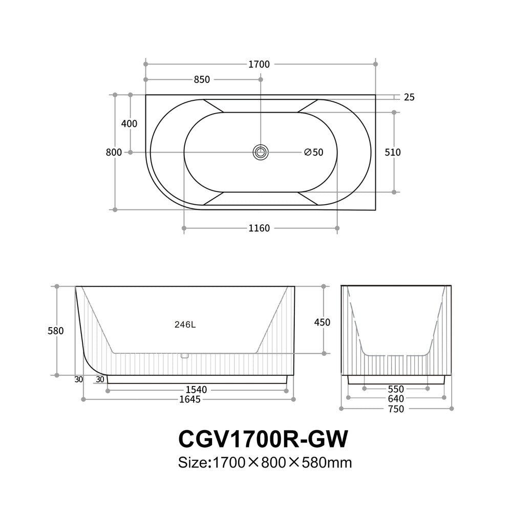 VITO CORA FLUTED RIGHT CORNER FREESTANDING BATHTUB MATTE WHITE (AVAILABLE IN 1500MM AND 1700MM)