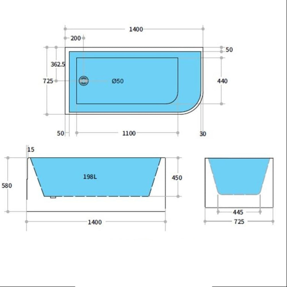 POSEIDON CASEY LEFT CORNER BATHTUB MATTE WHITE (AVAILABLE IN 1400MM, 1500MM AND 1700MM)