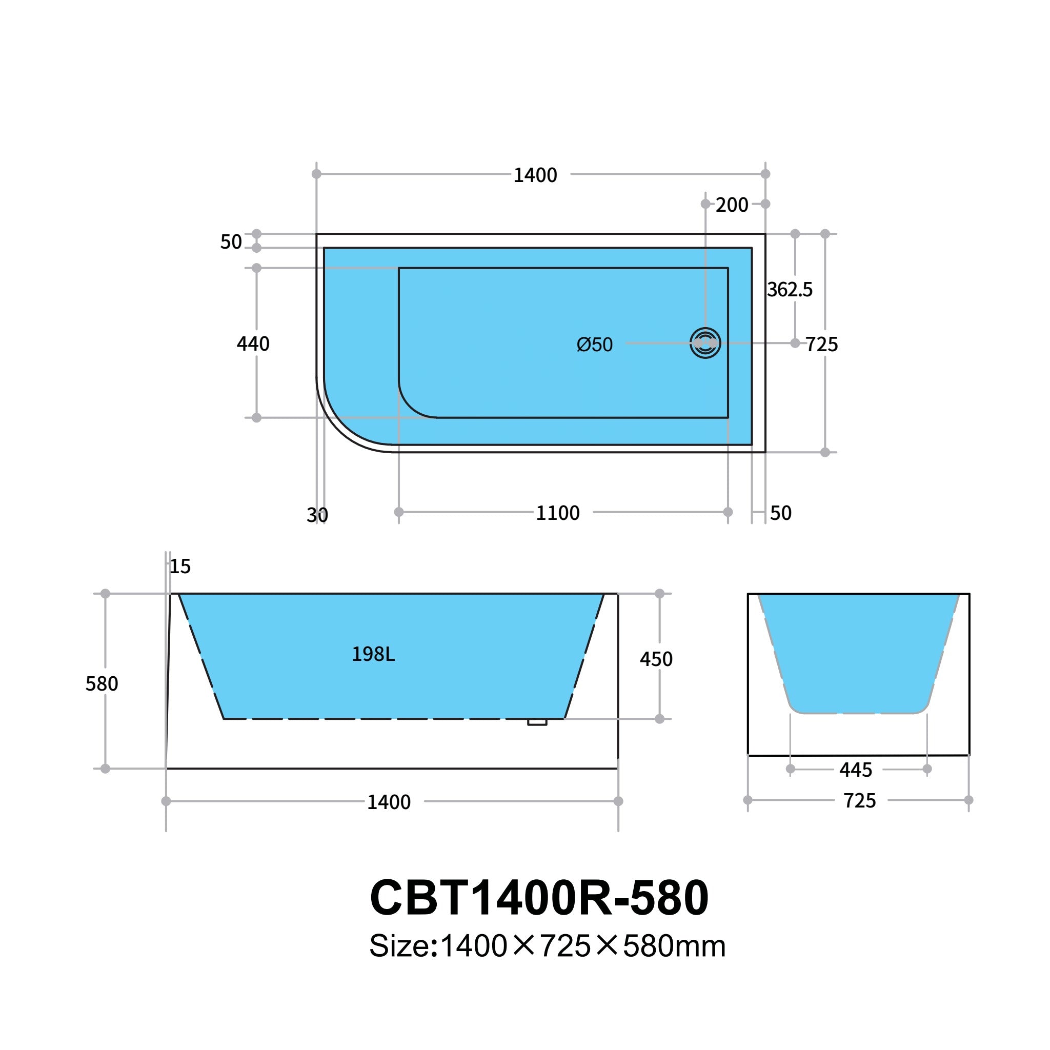 POSEIDON GLOSS WHITE RIGHT CORNER MULTI-FIT BATHTUB 580MM (AVAILABLE IN 1400MM, 1500MM AND 1700MM)