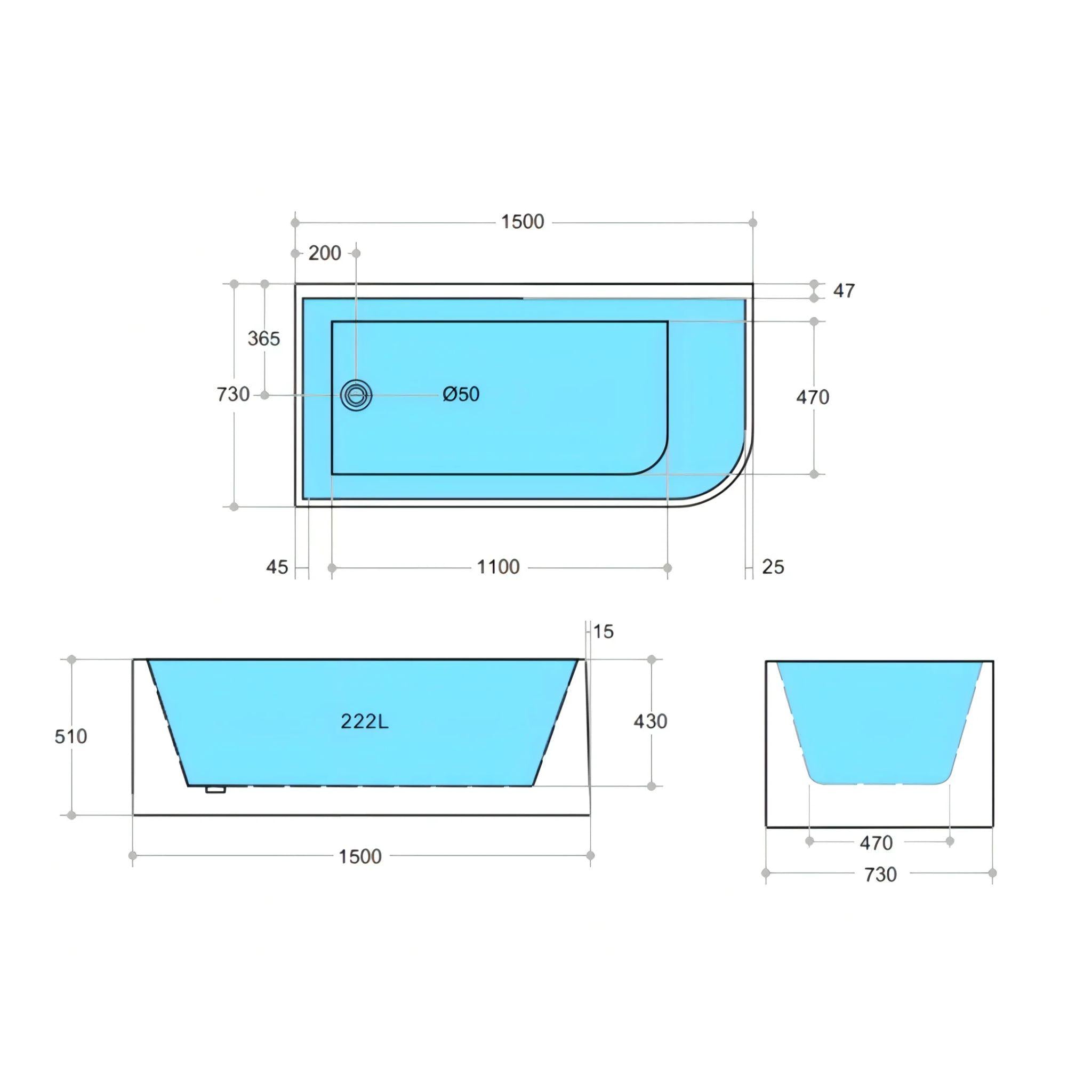 POSEIDON LEFT CORNER MULTI-FIT BATHTUB GLOSS WHITE (AVAILABLE IN 1300MM, 1400MM, 1500MM AND 1700MM)