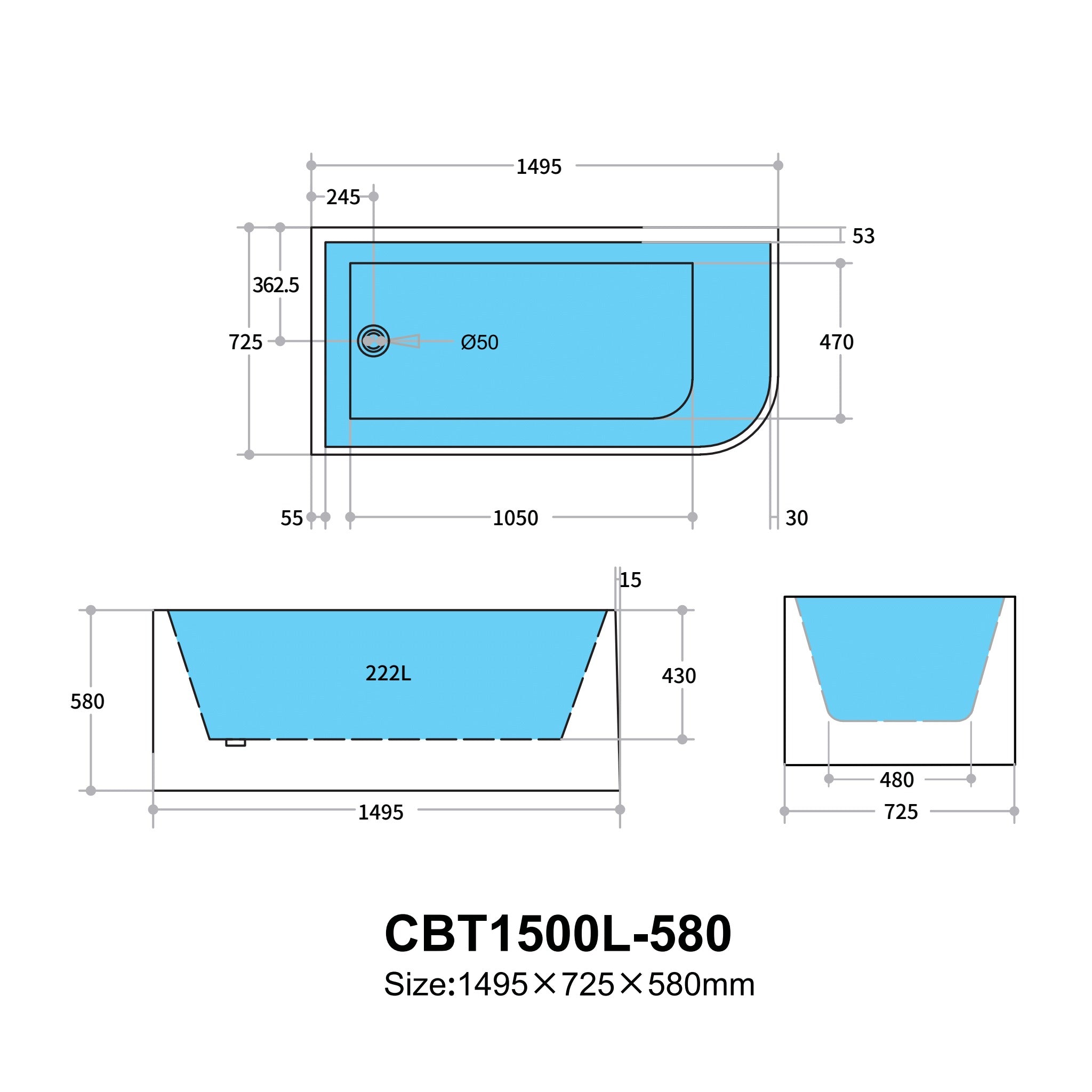 POSEIDON LEFT CORNER MULTI-FIT BATHTUB GLOSS WHITE (AVAILABLE IN 1400MM, 1500MM AND 1700MM)