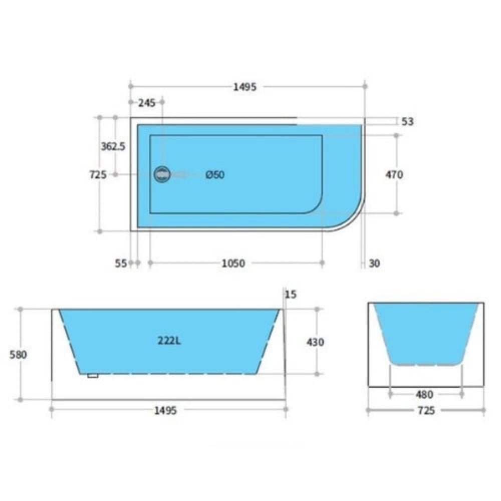 POSEIDON CASEY LEFT CORNER BATHTUB MATTE WHITE (AVAILABLE IN 1400MM, 1500MM AND 1700MM)