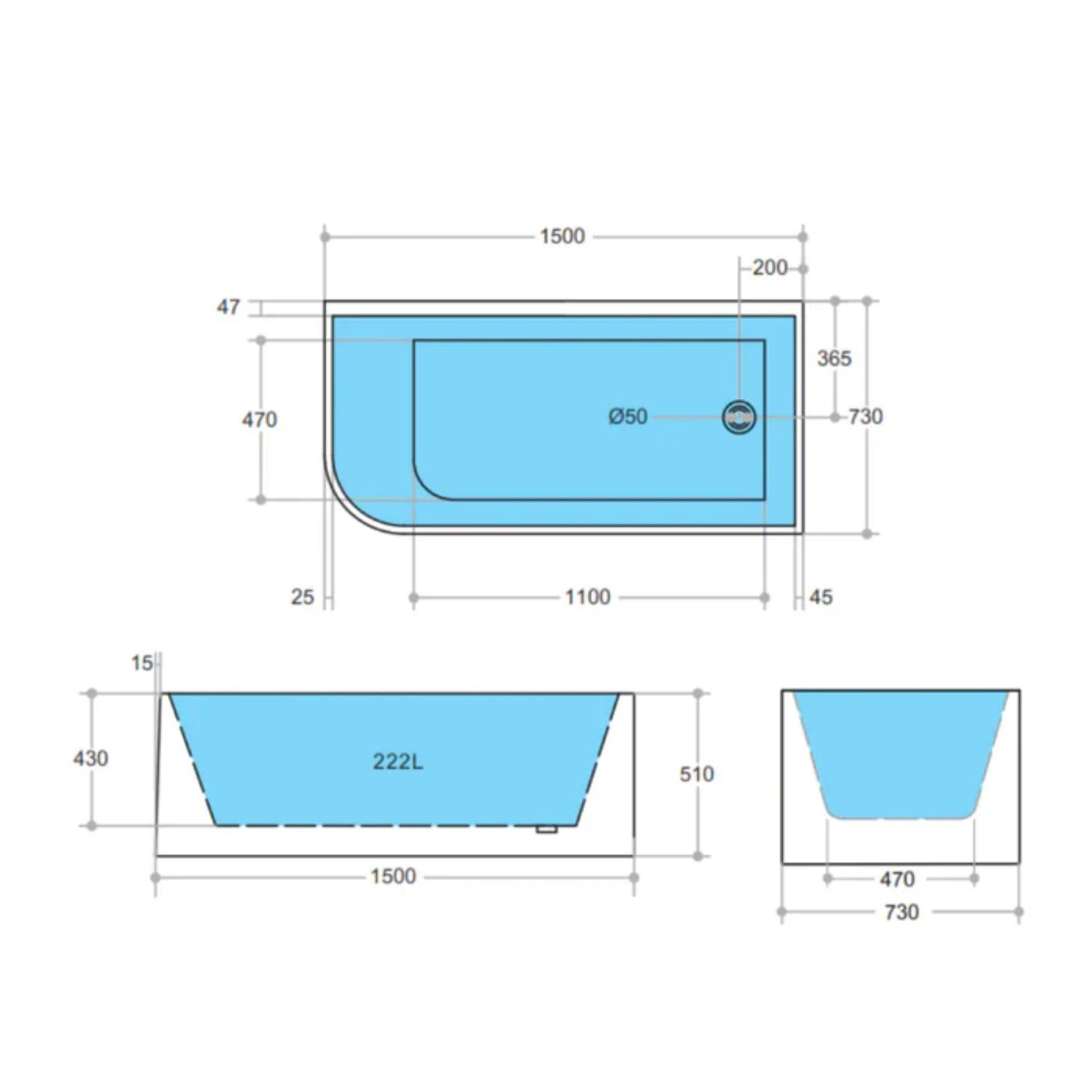 POSEIDON GLOSS WHITE RIGHT CORNER MULTI-FIT BATHTUB 510MM HEIGHT (AVAILABLE IN 1300MM, 1400MM, 1500MM AND 1700MM)