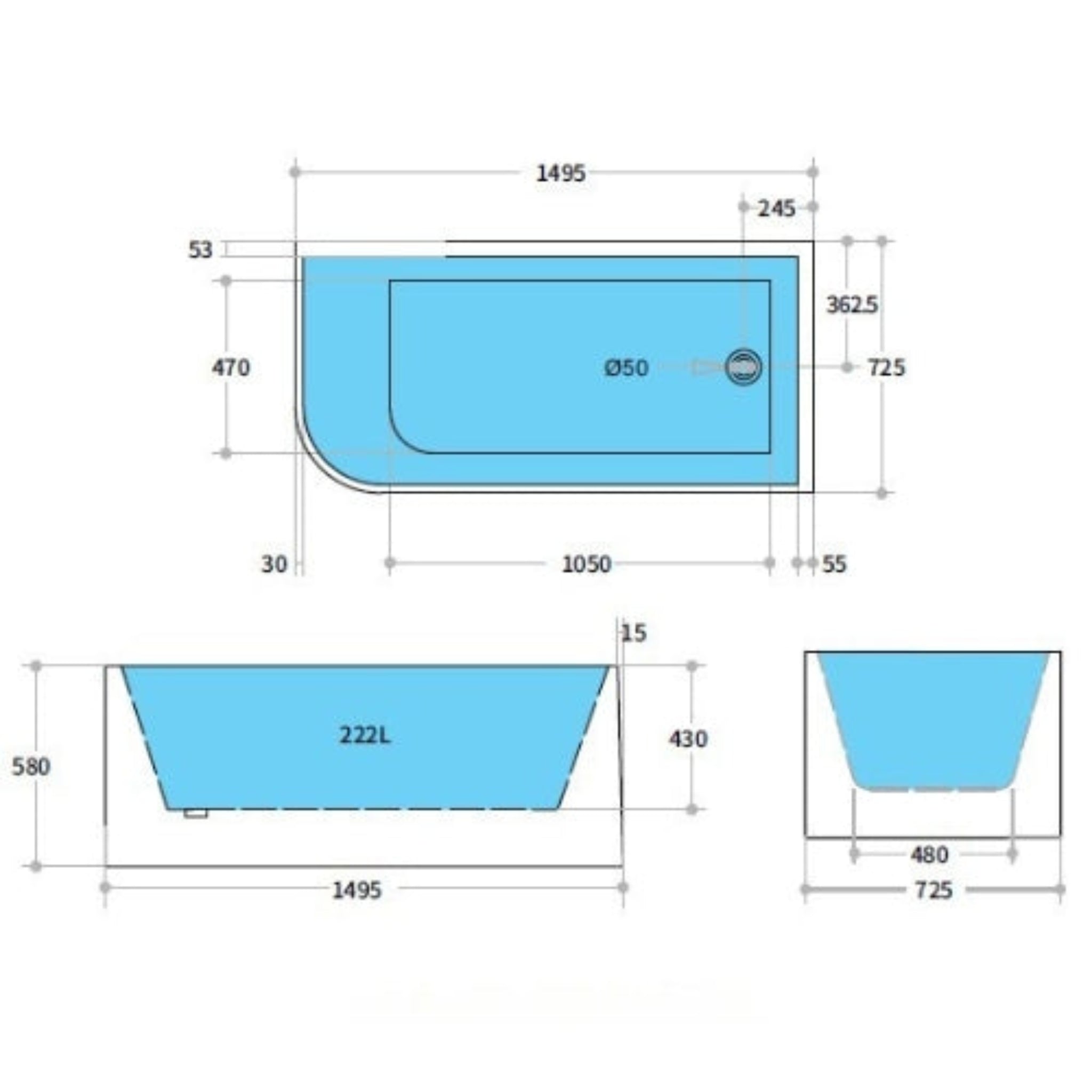 POSEIDON CASEY RIGHT CORNER BATHTUB MATTE WHITE (AVAILABLE IN 1400MM, 1500MM AND 1700MM)