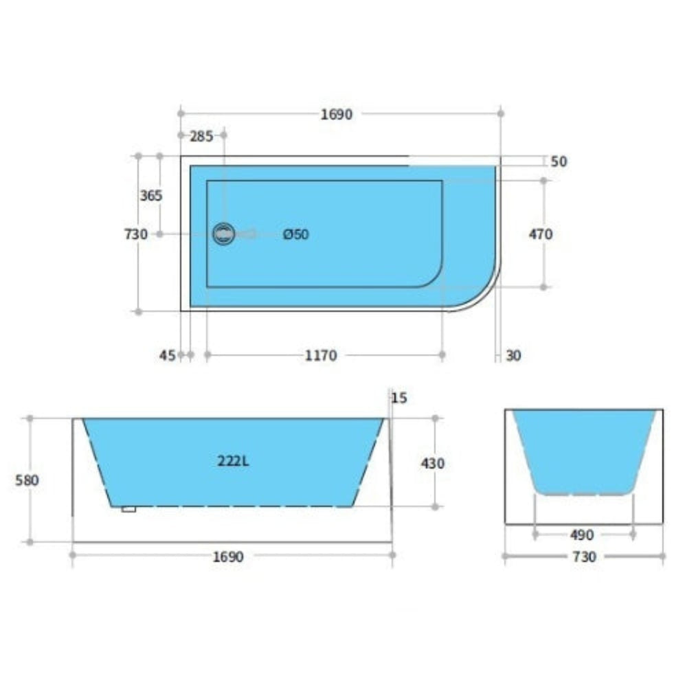 POSEIDON CASEY LEFT CORNER BATHTUB MATTE WHITE (AVAILABLE IN 1400MM, 1500MM AND 1700MM)