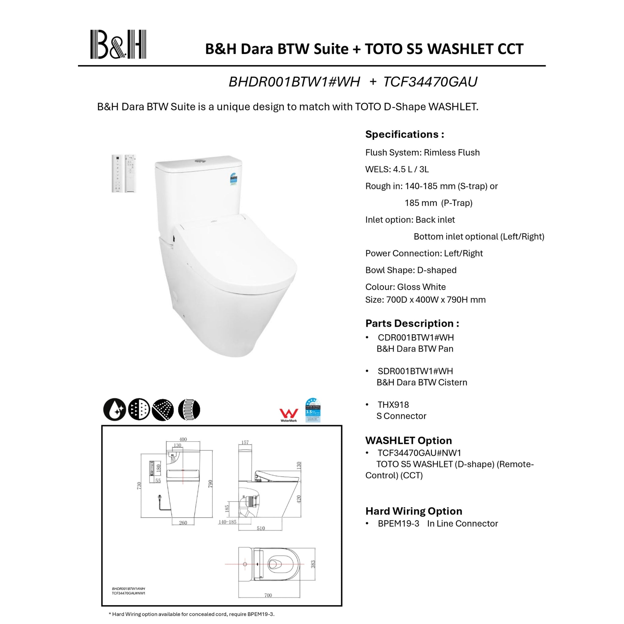 TOTO S5 WASHLET W/ REMOTE CONTROL AND B&H DARA BTW TOILET SUITE PACKAGE D-SHAPE GLOSS WHITE