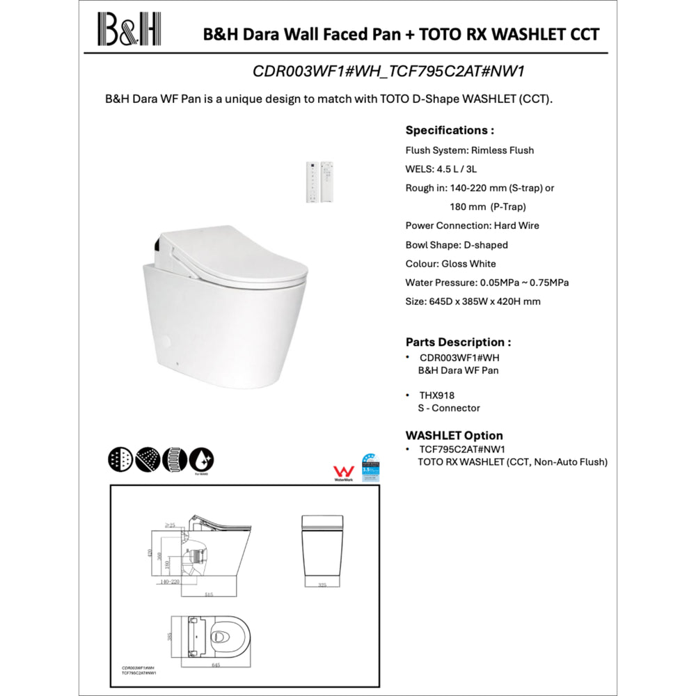 TOTO RX WASHLET W/ REMOTE CONTROL AND B&H DARA WALL FACED TOILET PACKAGE D-SHAPE GLOSS WHITE