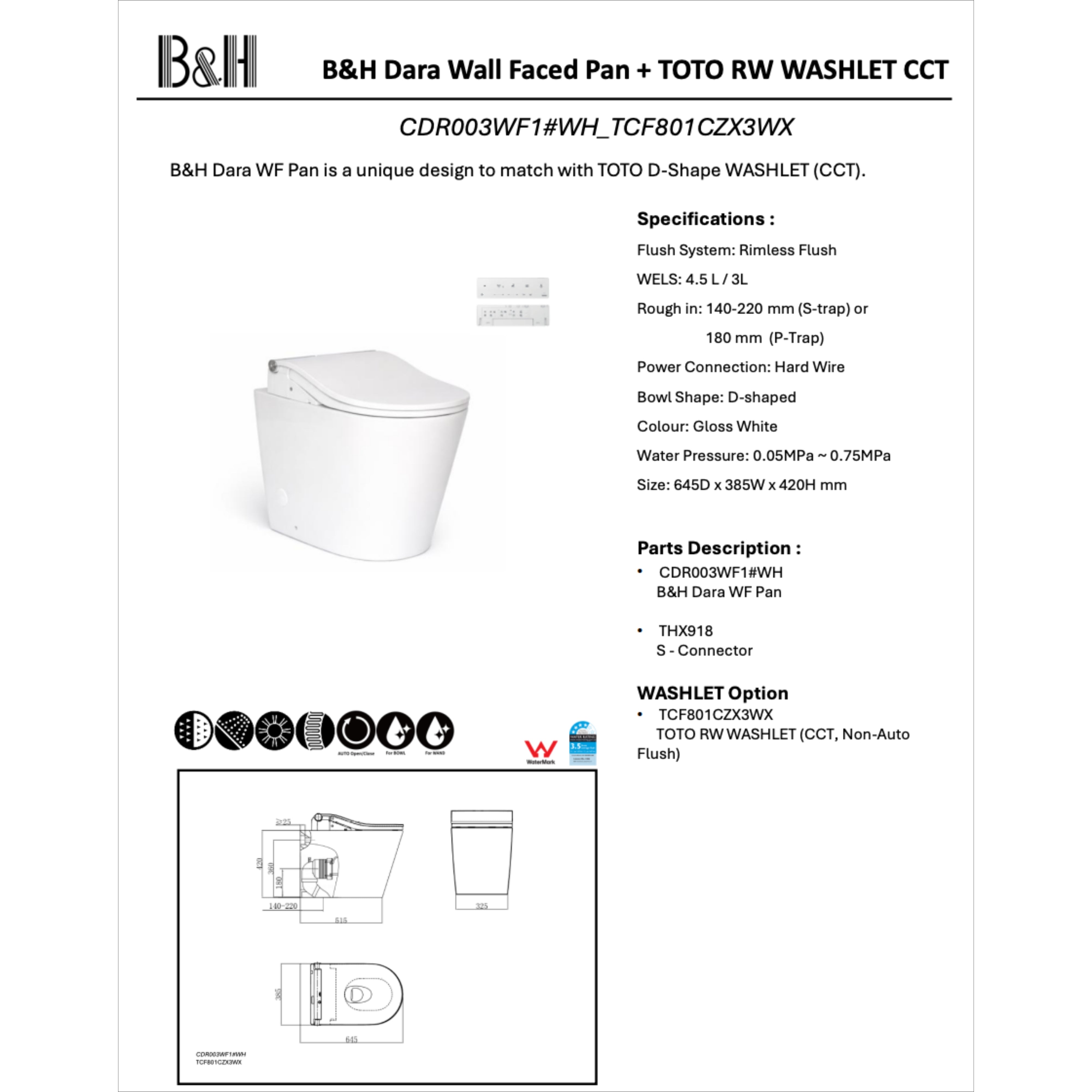TOTO RW WASHLET W/ REMOTE CONTROL AND B&H DARA WALL FACED TOILET PACKAGE D-SHAPE GLOSS WHITE