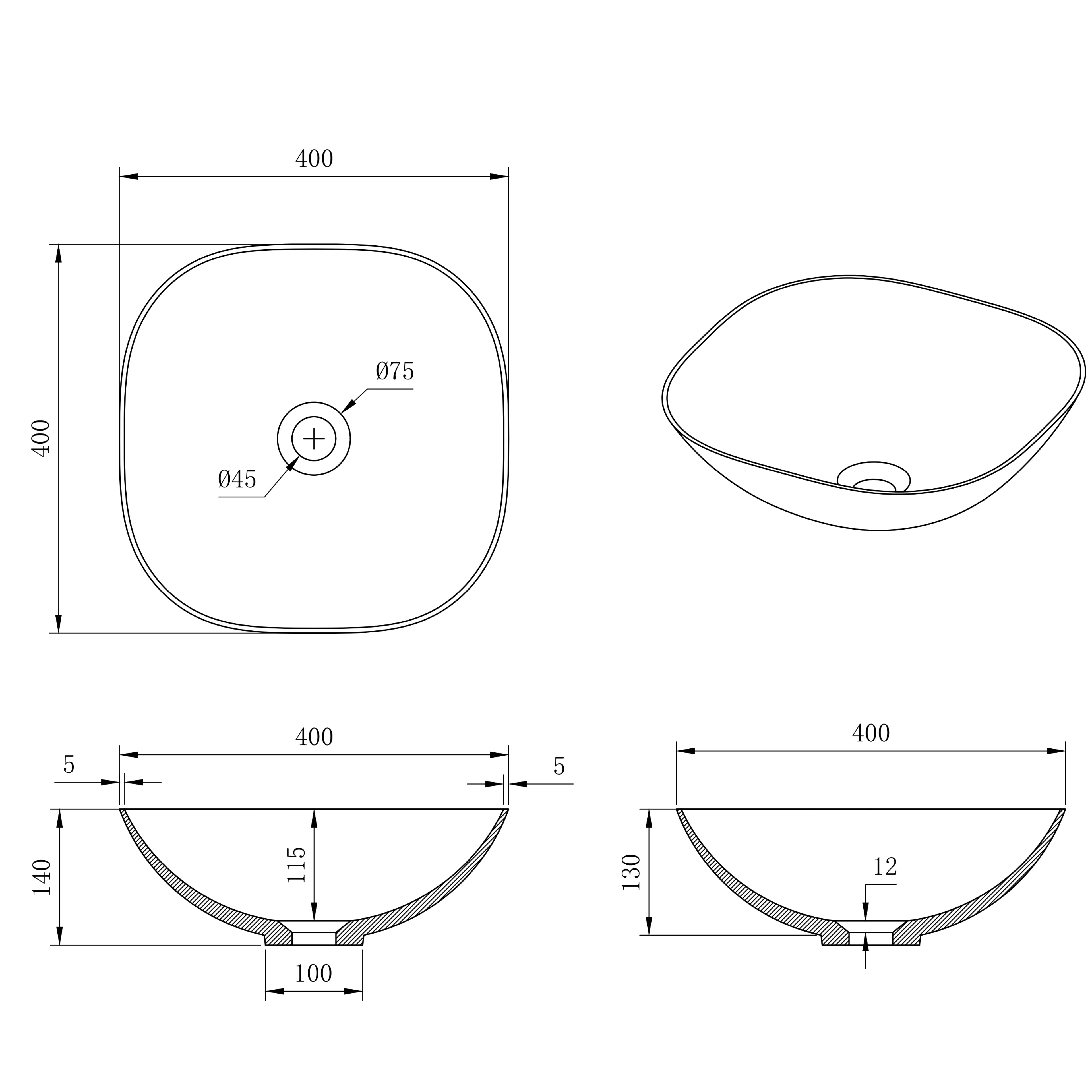 CETO ELBA SQUARE SHAPE ABOVE COUNTER BASIN MATTE WHITE 400MM