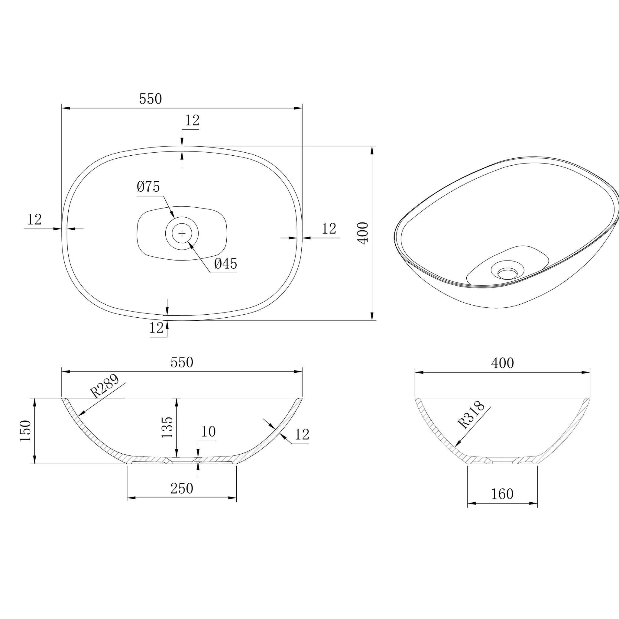 CETO PERCY SQUARE SHAPE ABOVE COUNTER BASIN MATTE WHITE 550MM