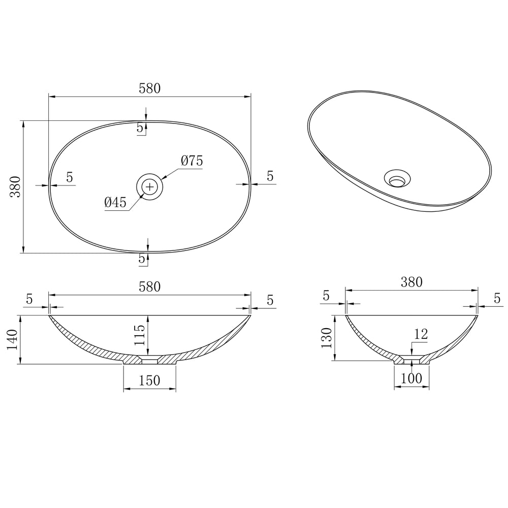 CETO KIRKBY OVAL SHAPE ABOVE COUNTER BASIN MATTE WHITE 580MM