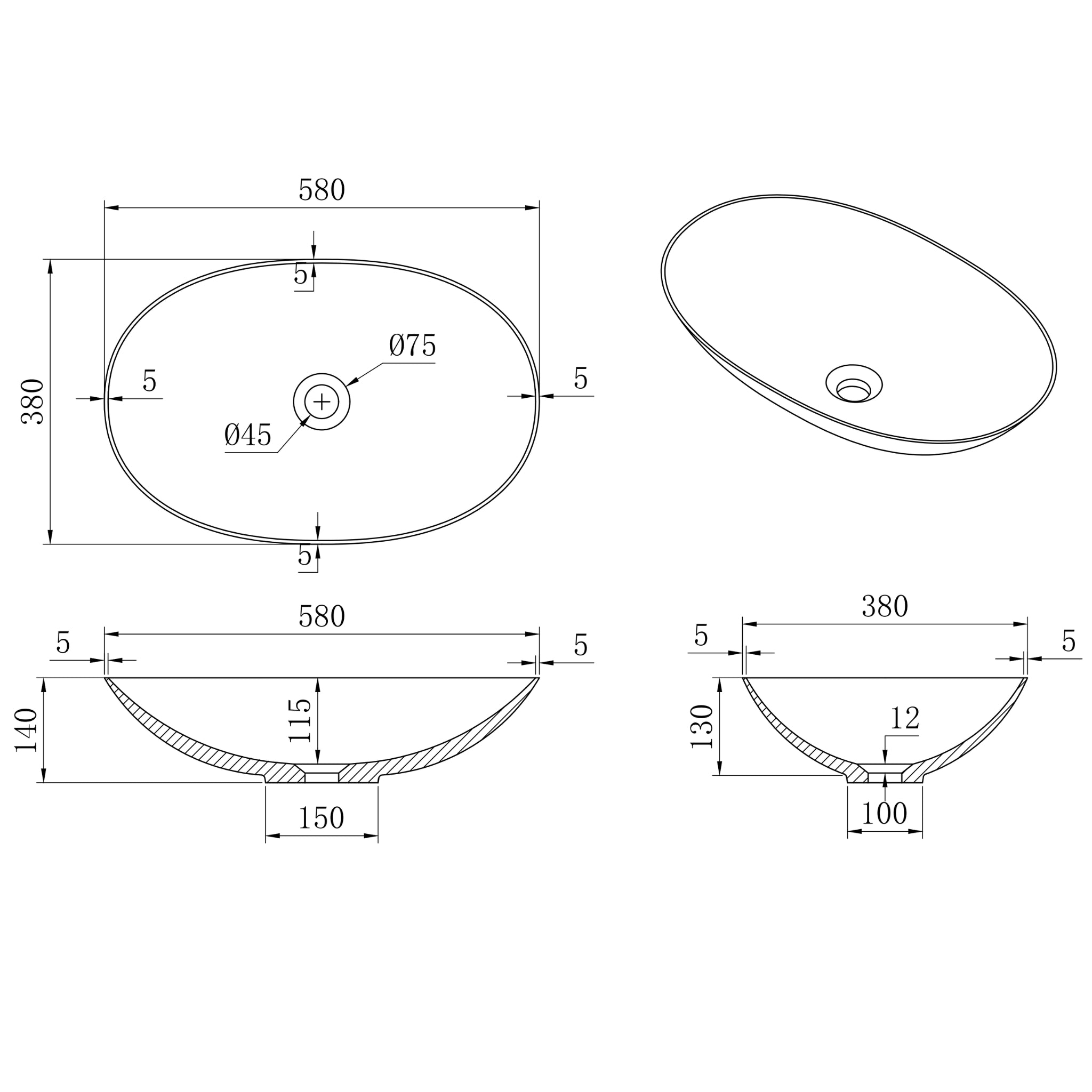 CETO KIRKBY OVAL SHAPE ABOVE COUNTER BASIN MATTE WHITE 580MM