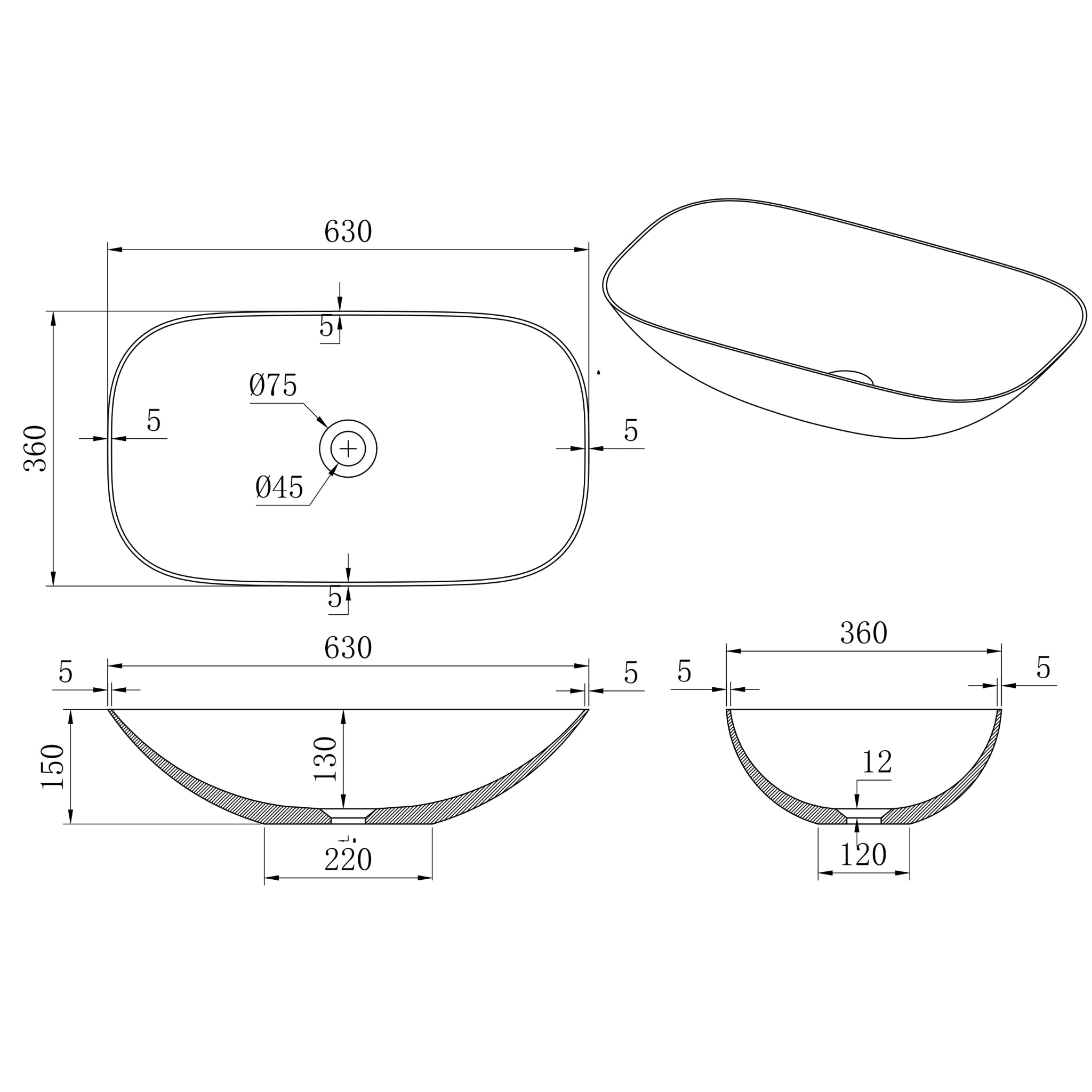 CETO PERCY SQUARE SHAPE ABOVE COUNTER BASIN MATTE WHITE 630MM