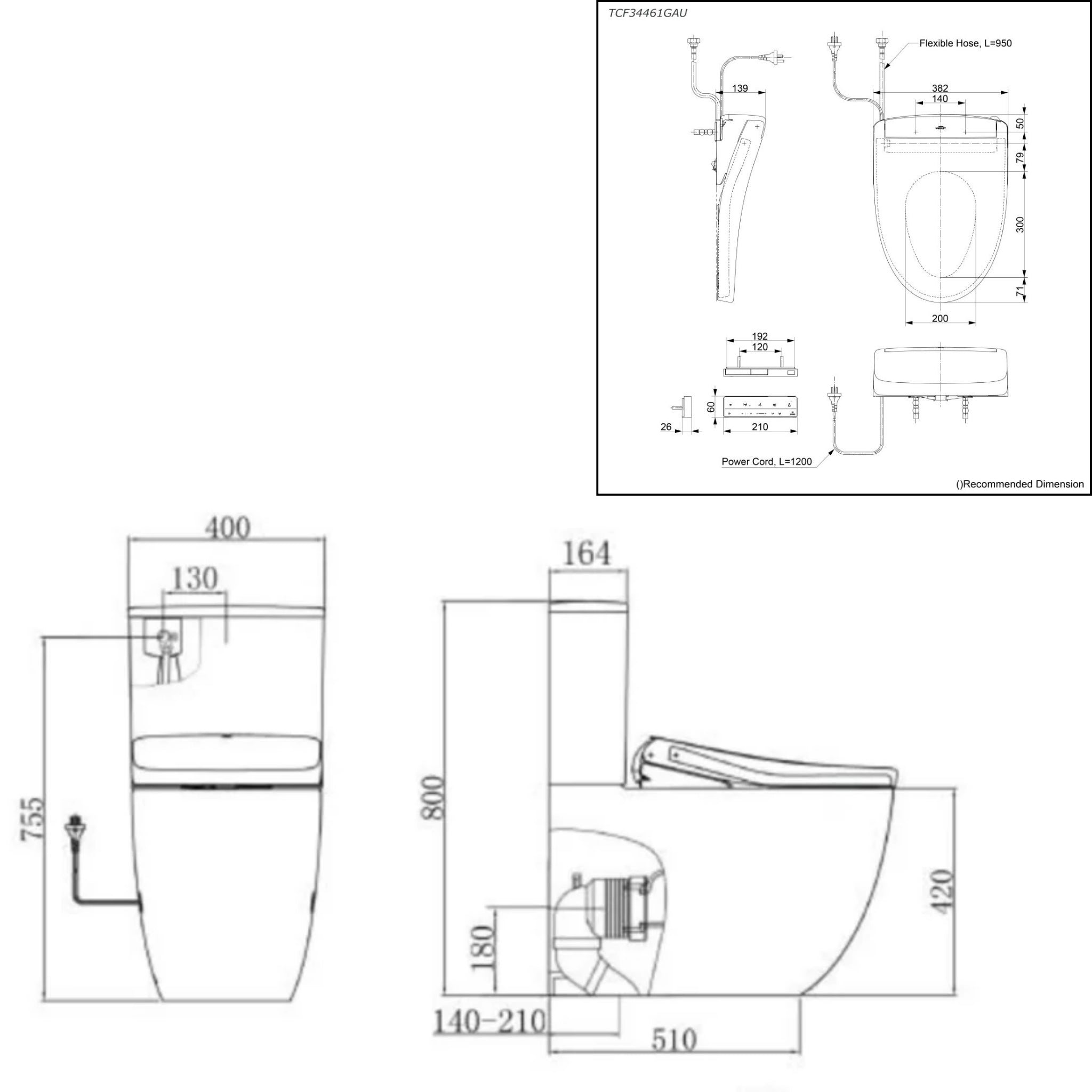 TOTO S5 WASHLET W/ REMOTE CONTROL AND B&H BTW TOILET SUITE PACKAGE ELONGATED GLOSS WHITE