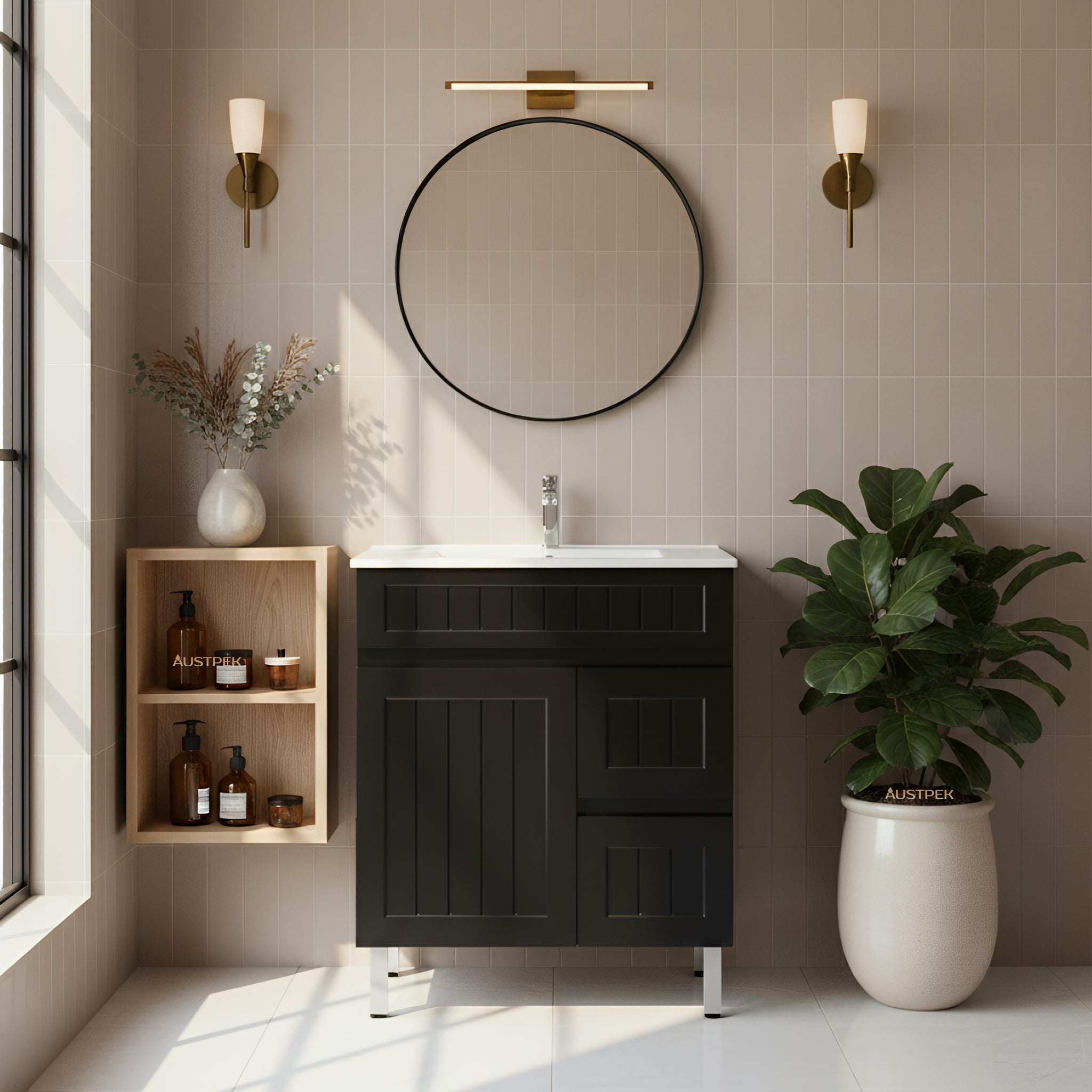 CETO ACACIA SHAKER MATTE BLACK 750MM SINGLE BOWL FLOOR STANDING VANITY (AVAILABLE IN LEFT AND RIGHT HAND DRAWER)