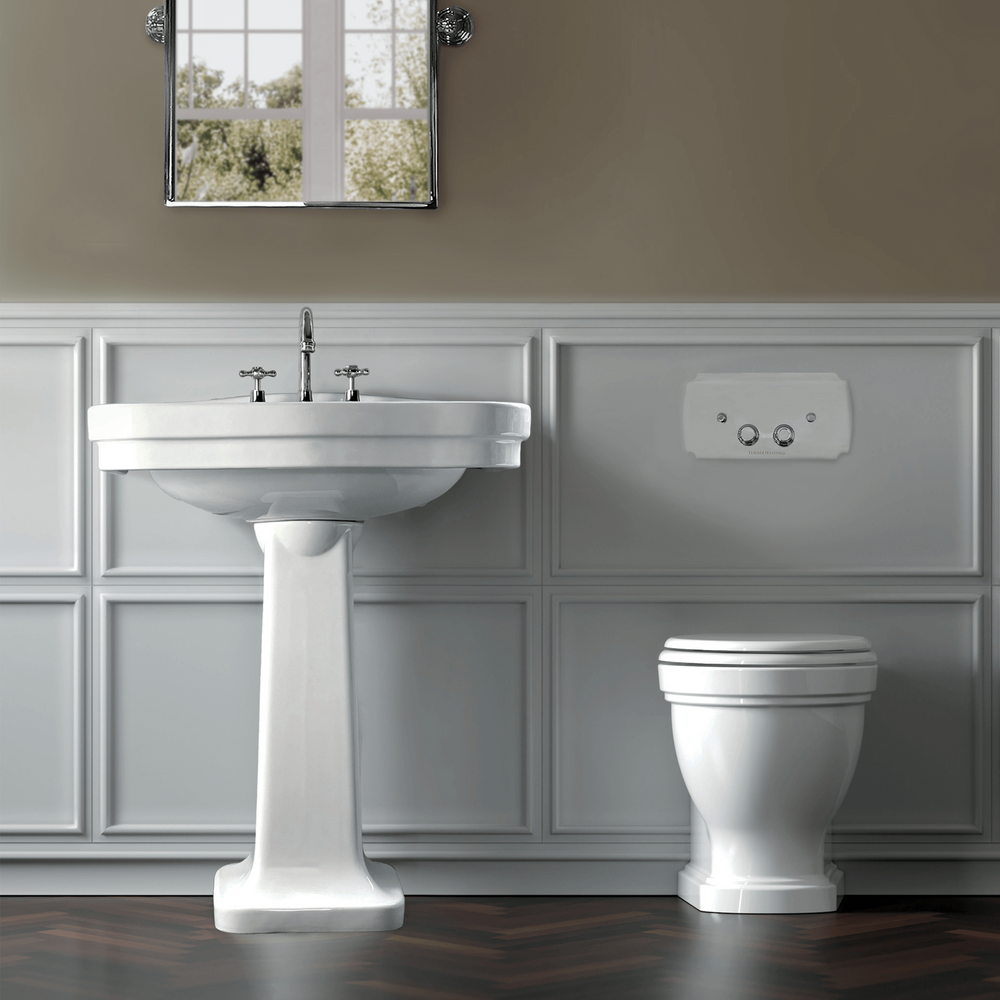TURNER HASTINGS CLAREMONT WALL FACED PAN WITH GEBERIT IN WALL CISTERN & TRADITIONAL FLUSH PLATE