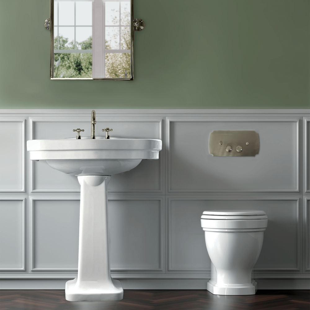 TURNER HASTINGS CLAREMONT WALL FACED PAN WITH GEBERIT IN WALL CISTERN & TRADITIONAL FLUSH PLATE