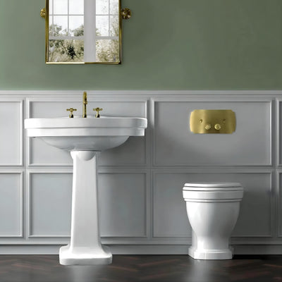 TURNER HASTINGS CLAREMONT RIMLESS FLOOR MOUNTED PAN AND SEAT WITH GEBERIT IN-WALL CISTERN AND TRADITIONAL BRUSHED BRASS FLUSH PLATE PACKAGE GLOSS WHITE