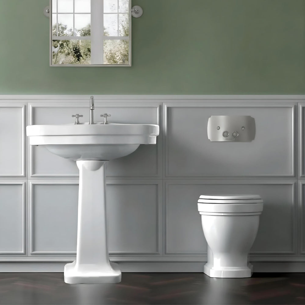 TURNER HASTINGS CLAREMONT RIMLESS FLOOR MOUNTED PAN AND SEAT WITH GEBERIT IN-WALL CISTERN AND TRADITIONAL BRUSHED NICKEL FLUSH PLATE PACKAGE GLOSS WHITE